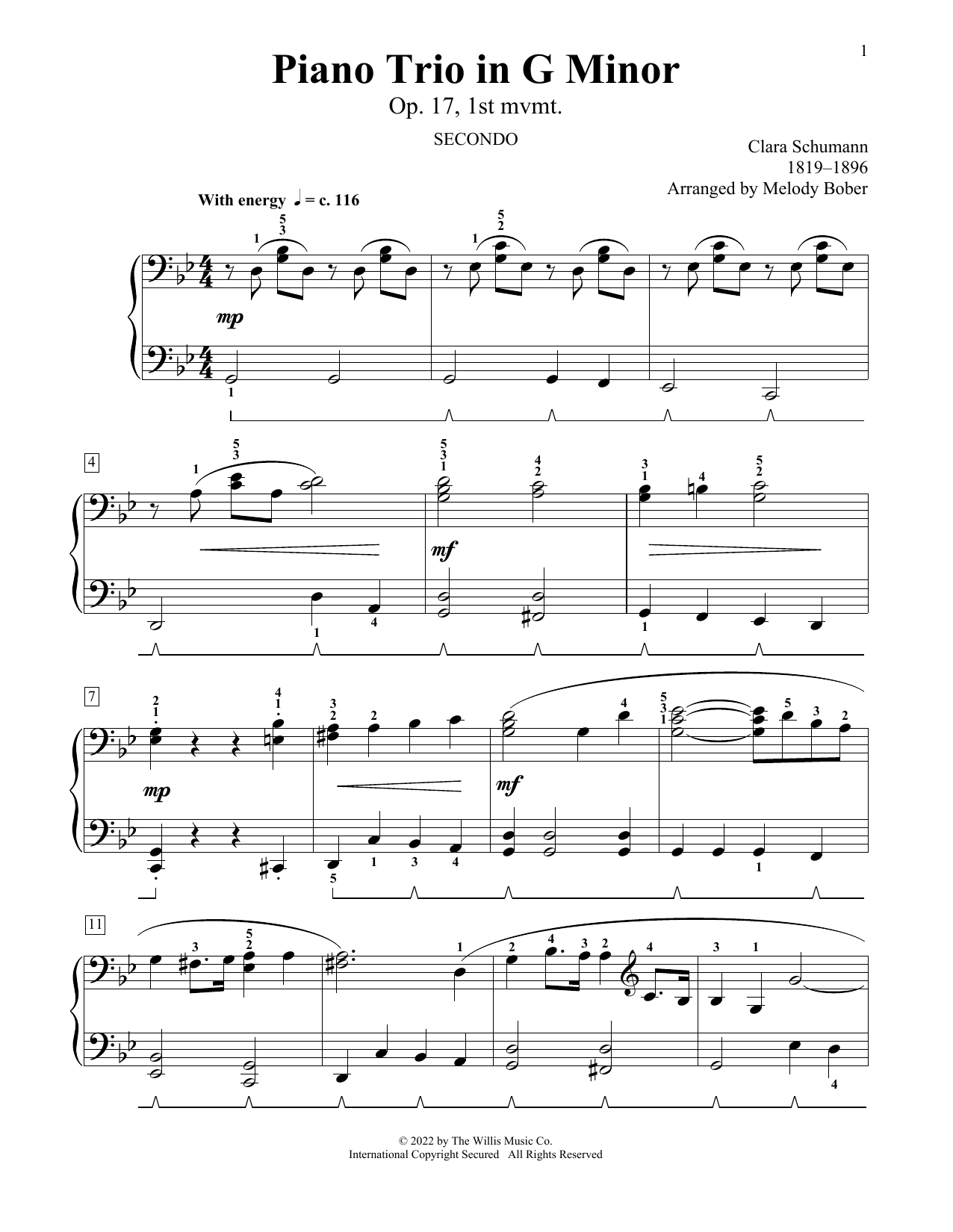 Clara Schumann Piano Trio In G Minor, Op. 17, 1st Mvmt (arr. Melody Bober) Sheet Music Notes & Chords for Piano Duet - Download or Print PDF