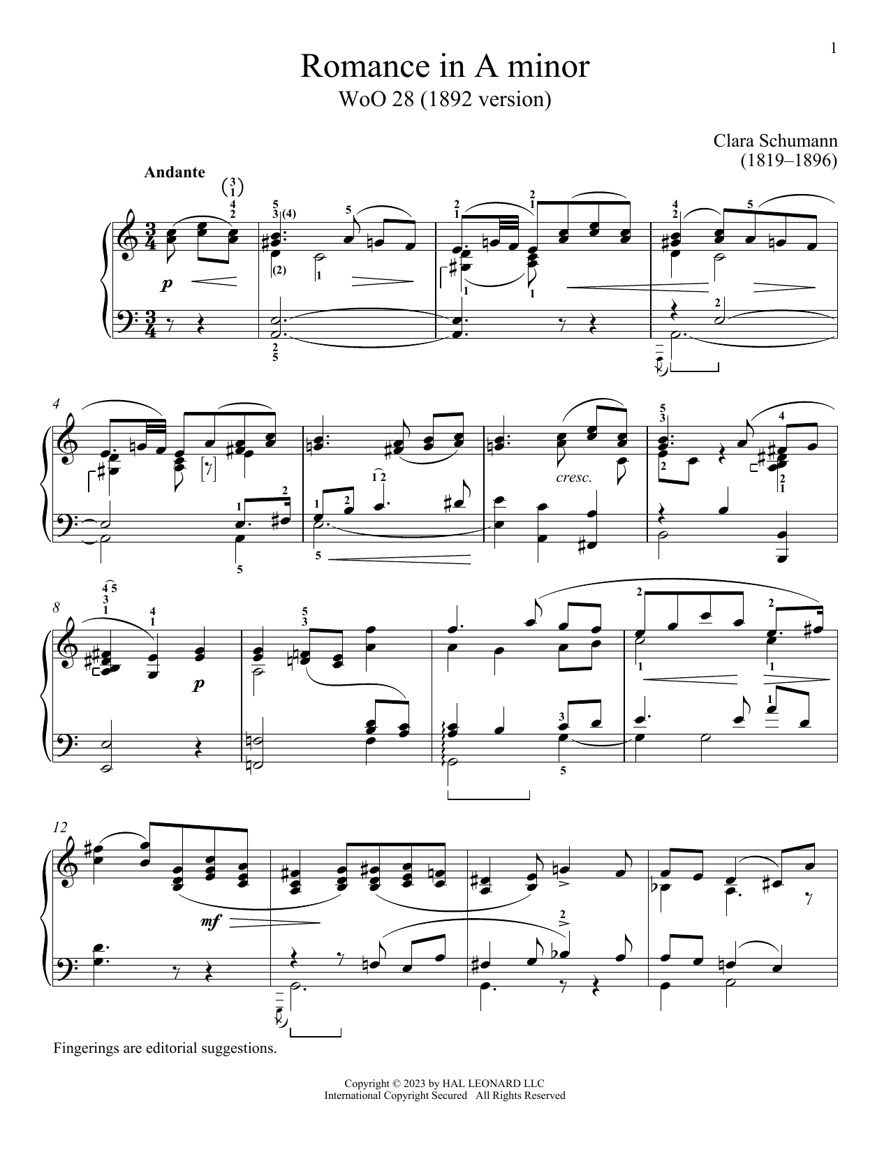 Clara Schumann Romance in A minor, WoO 28 Sheet Music Notes & Chords for Piano Solo - Download or Print PDF