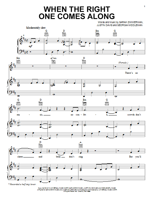 Clare Bowen and Sam Palladio When The Right One Comes Along Sheet Music Notes & Chords for Piano, Vocal & Guitar (Right-Hand Melody) - Download or Print PDF