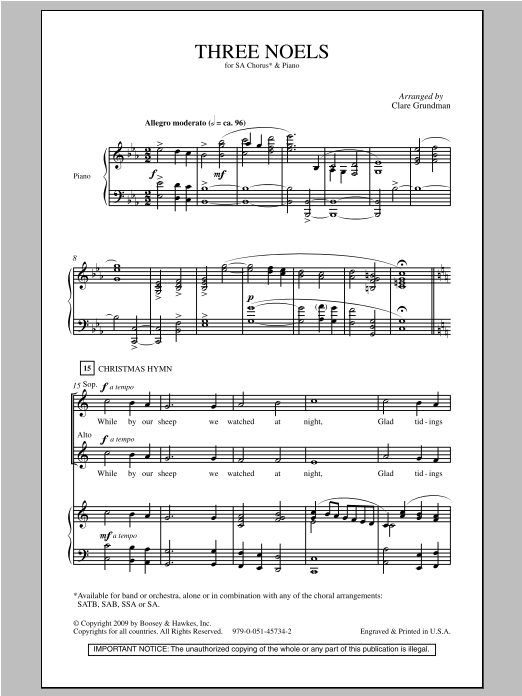 Preview Clare Grundman Three Noels Classical sheet music, notes and chords for 2-Part Choir, SKU: 93767 Three Noels sheet music