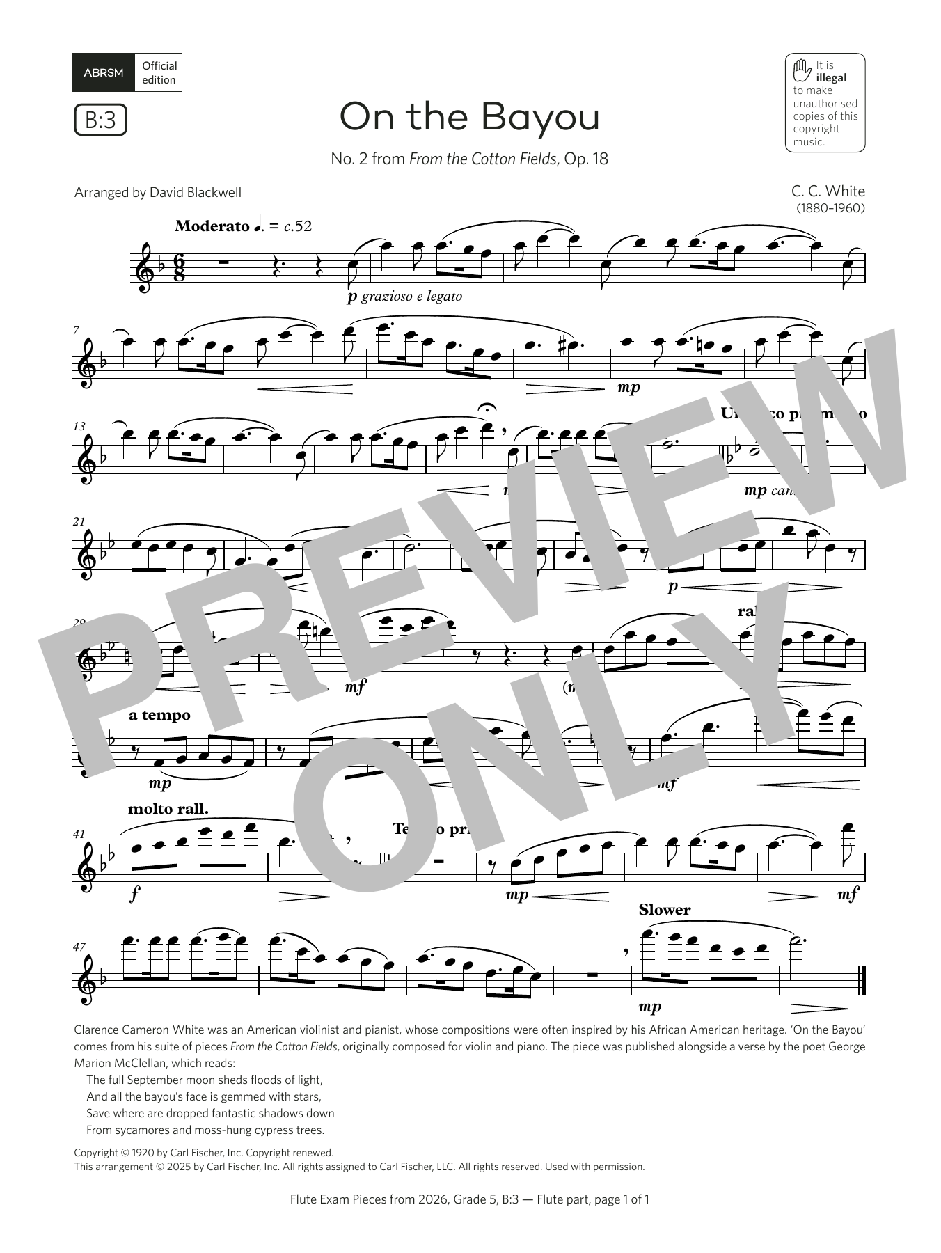 Clarence Cameron White On the Bayou (Grade 5, list B3, from the ABRSM Flute Syllabus from 2026) Sheet Music Notes & Chords for Flute Solo - Download or Print PDF Clarence Cameron White On the Bayou (Grade 5, list B3, from the ABRSM Flute Syllabus from 2026) Sheet Music Notes & Chords for Flute Solo - Download or Print PDF