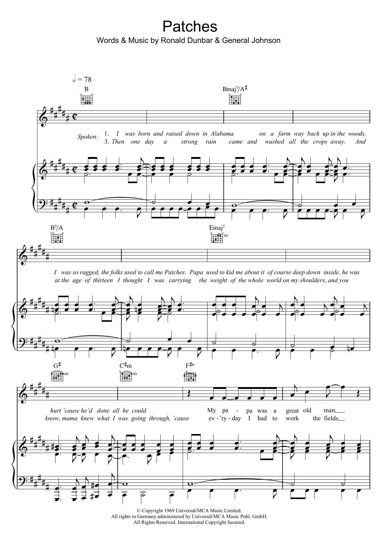 Clarence Carter Patches Sheet Music Notes & Chords for Piano, Vocal & Guitar (Right-Hand Melody) - Download or Print PDF
