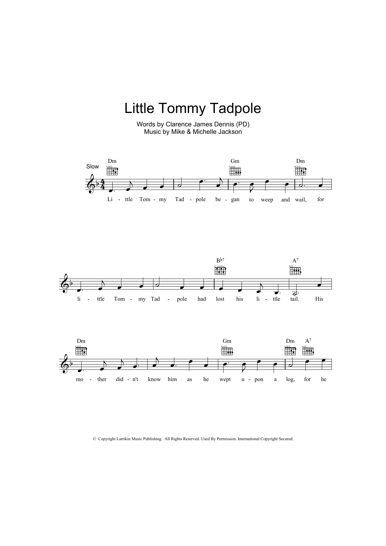 Clarence James Dennis Little Tommy Tadpole Sheet Music Notes & Chords for Melody Line, Lyrics & Chords - Download or Print PDF