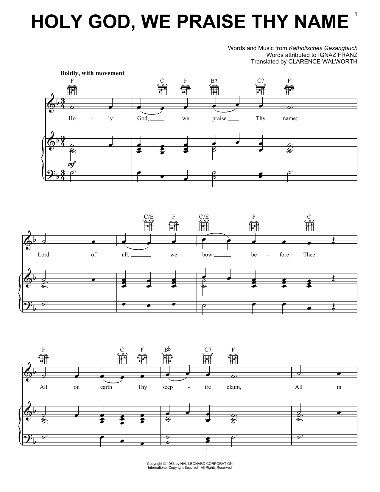 Clarence Walworth Holy God, We Praise Thy Name Sheet Music Notes & Chords for Piano, Vocal & Guitar Chords (Right-Hand Melody) - Download or Print PDF