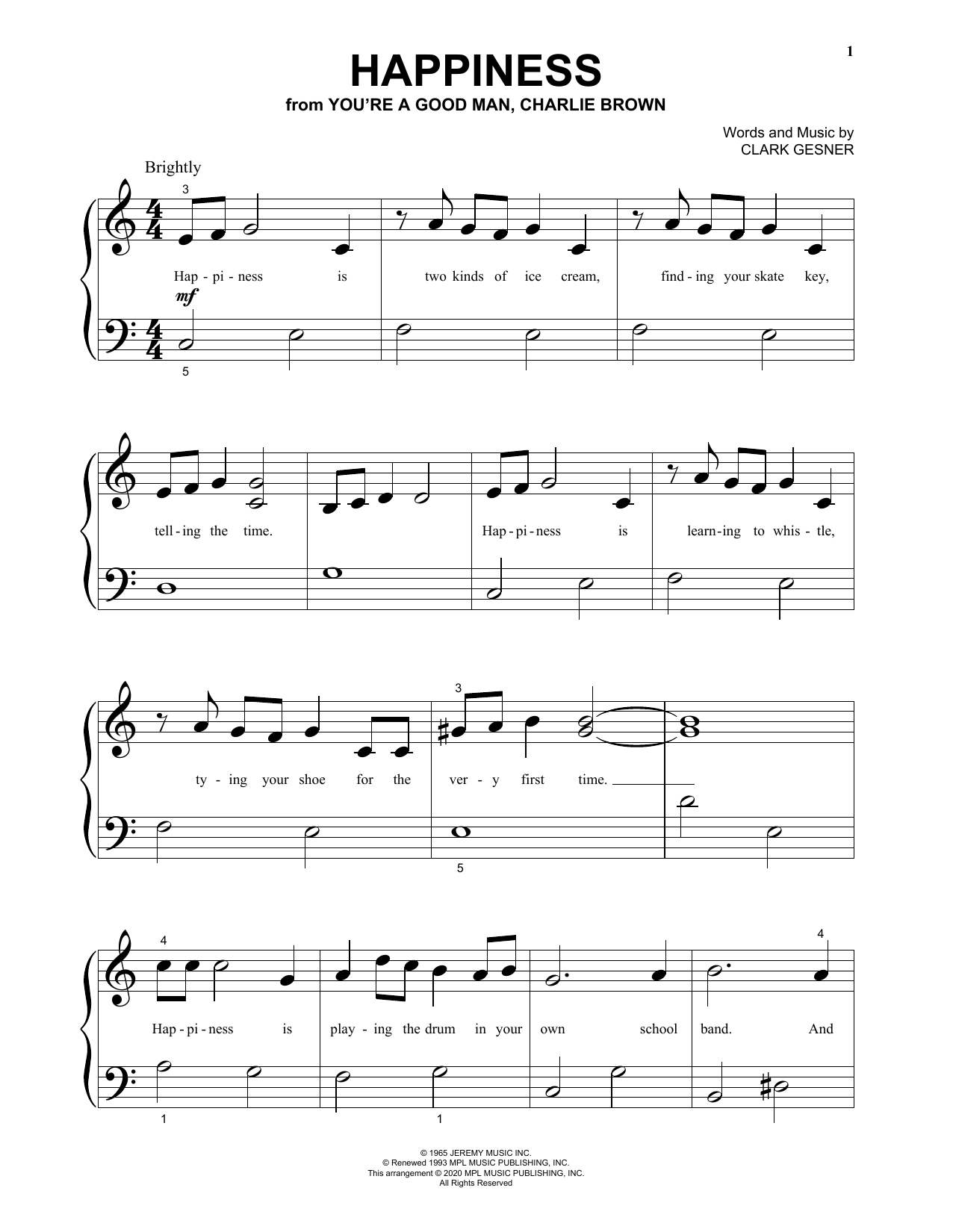 Clark Gesner Happiness (from You're A Good Man, Charlie Brown) Sheet Music Notes & Chords for Big Note Piano - Download or Print PDF
