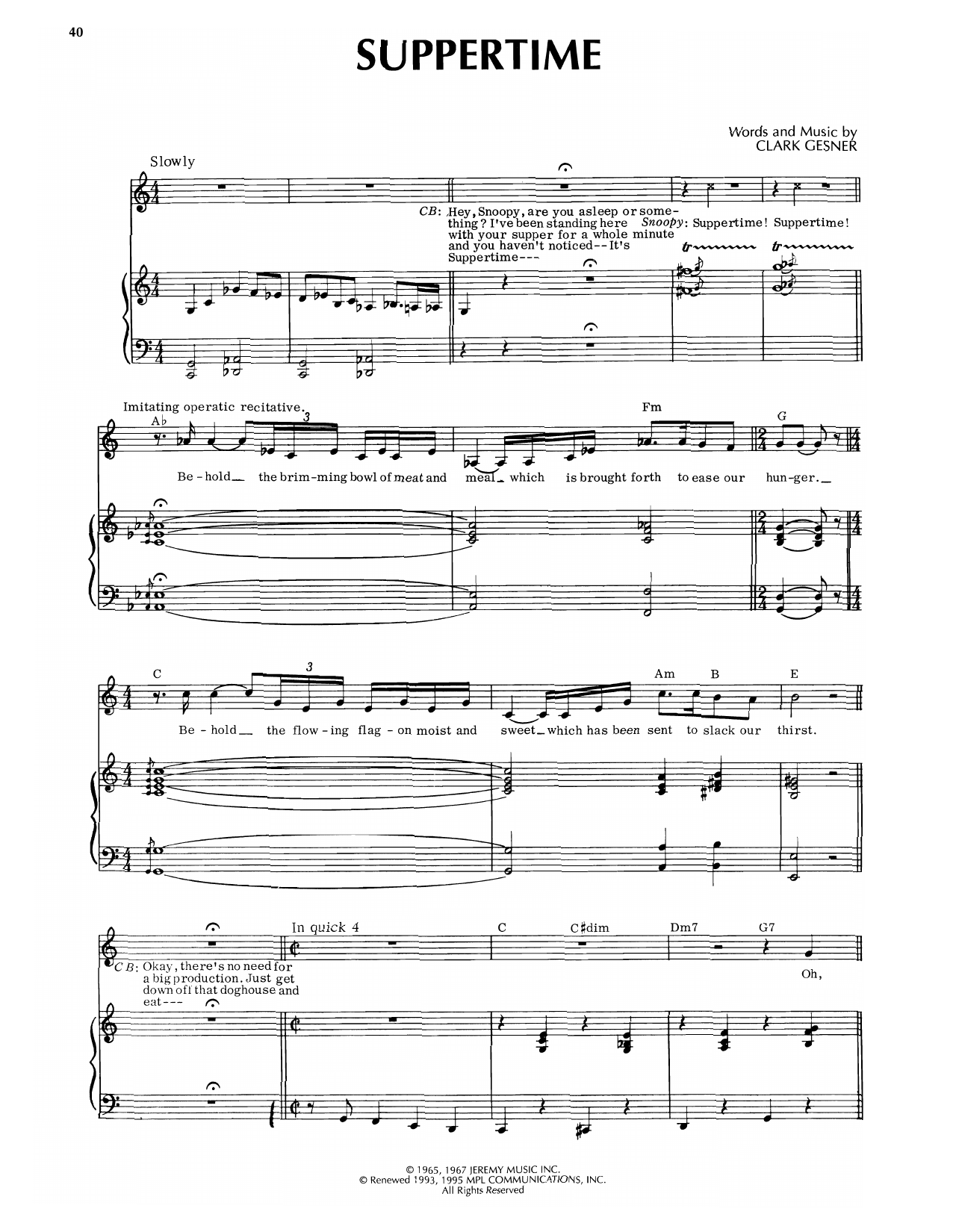 Clark Gesner Suppertime (from You're A Good Man, Charlie Brown) Sheet Music Notes & Chords for Piano, Vocal & Guitar Chords (Right-Hand Melody) - Download or Print PDF