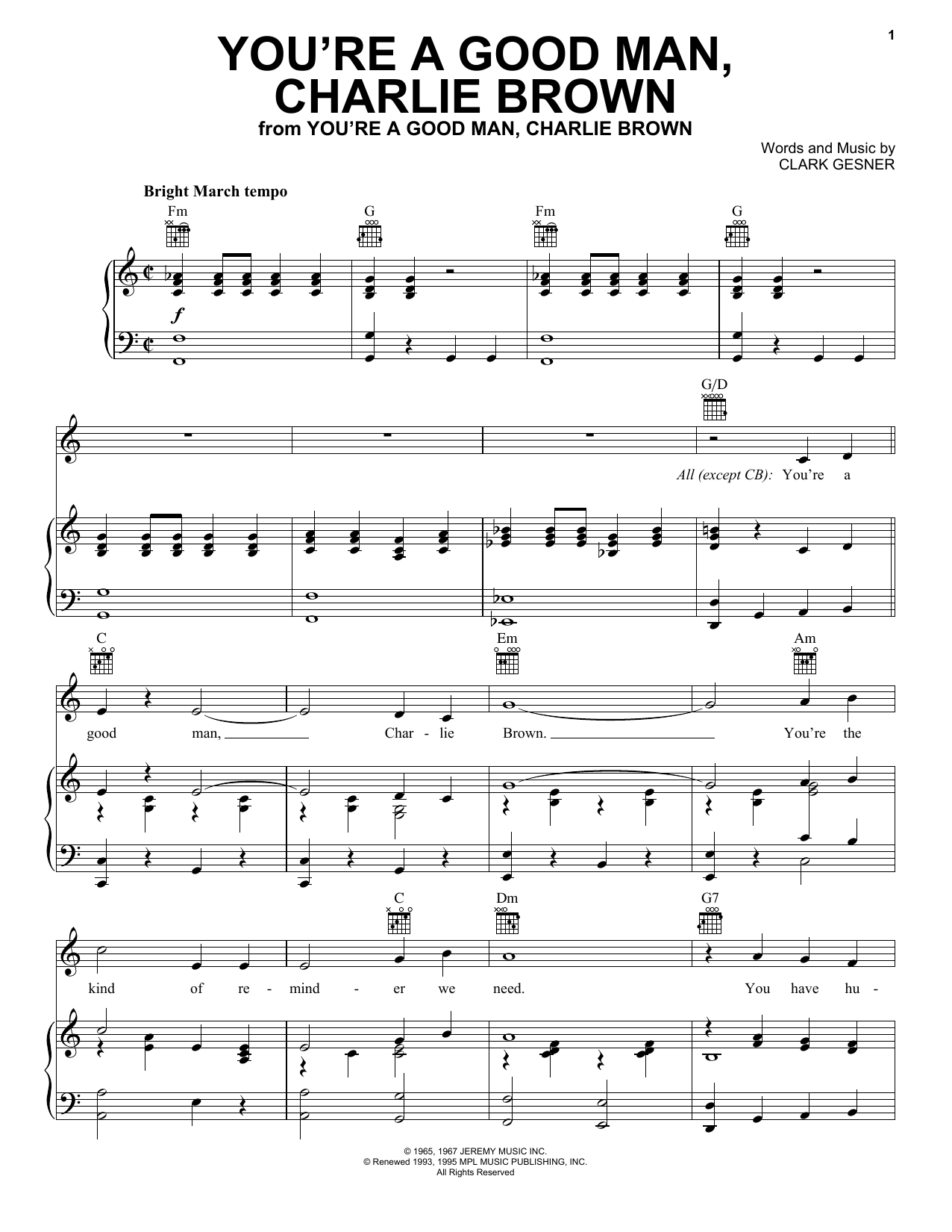 Clark Gesner You're A Good Man, Charlie Brown Sheet Music Notes & Chords for Piano, Vocal & Guitar Chords (Right-Hand Melody) - Download or Print PDF