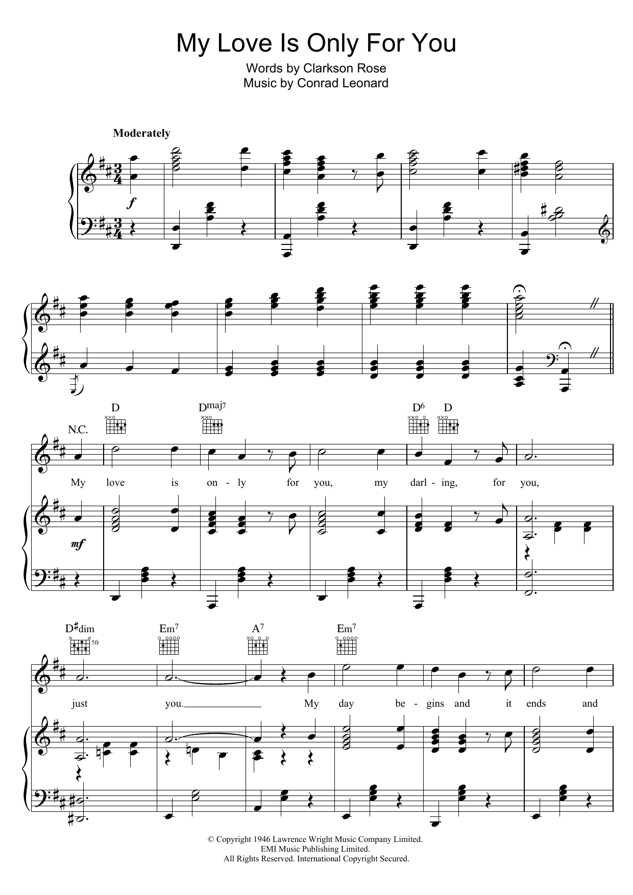 Clarkson Rose My Love Is Only For You Sheet Music Notes & Chords for Piano, Vocal & Guitar (Right-Hand Melody) - Download or Print PDF
