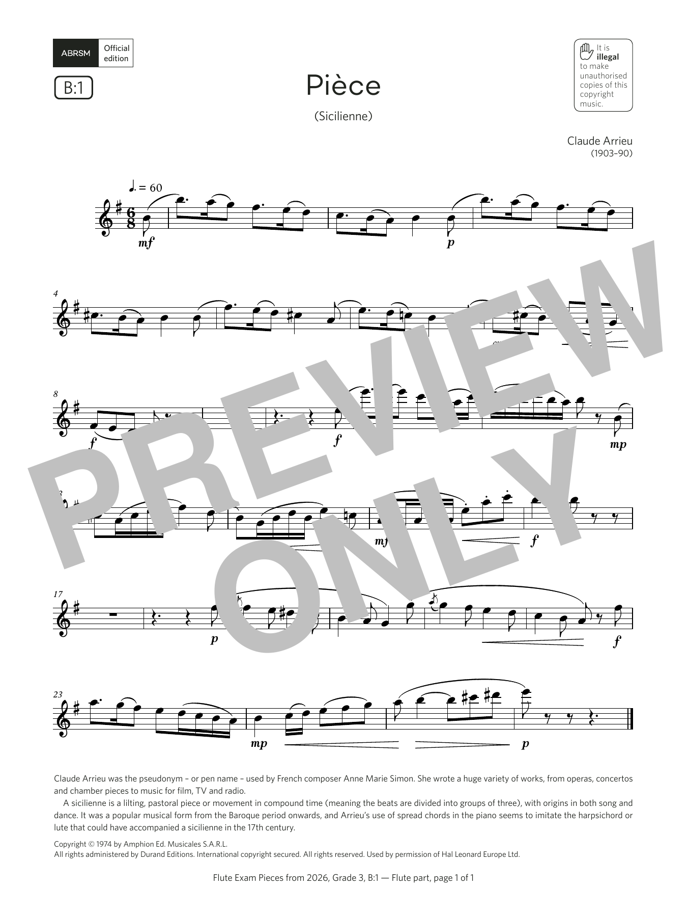 Claude Arrieu Pièce (Grade 3, list B1, from the ABRSM Flute Syllabus from 2026) Sheet Music Notes & Chords for Flute Solo - Download or Print PDF Claude Arrieu Pièce (Grade 3, list B1, from the ABRSM Flute Syllabus from 2026) Sheet Music Notes & Chords for Flute Solo - Download or Print PDF