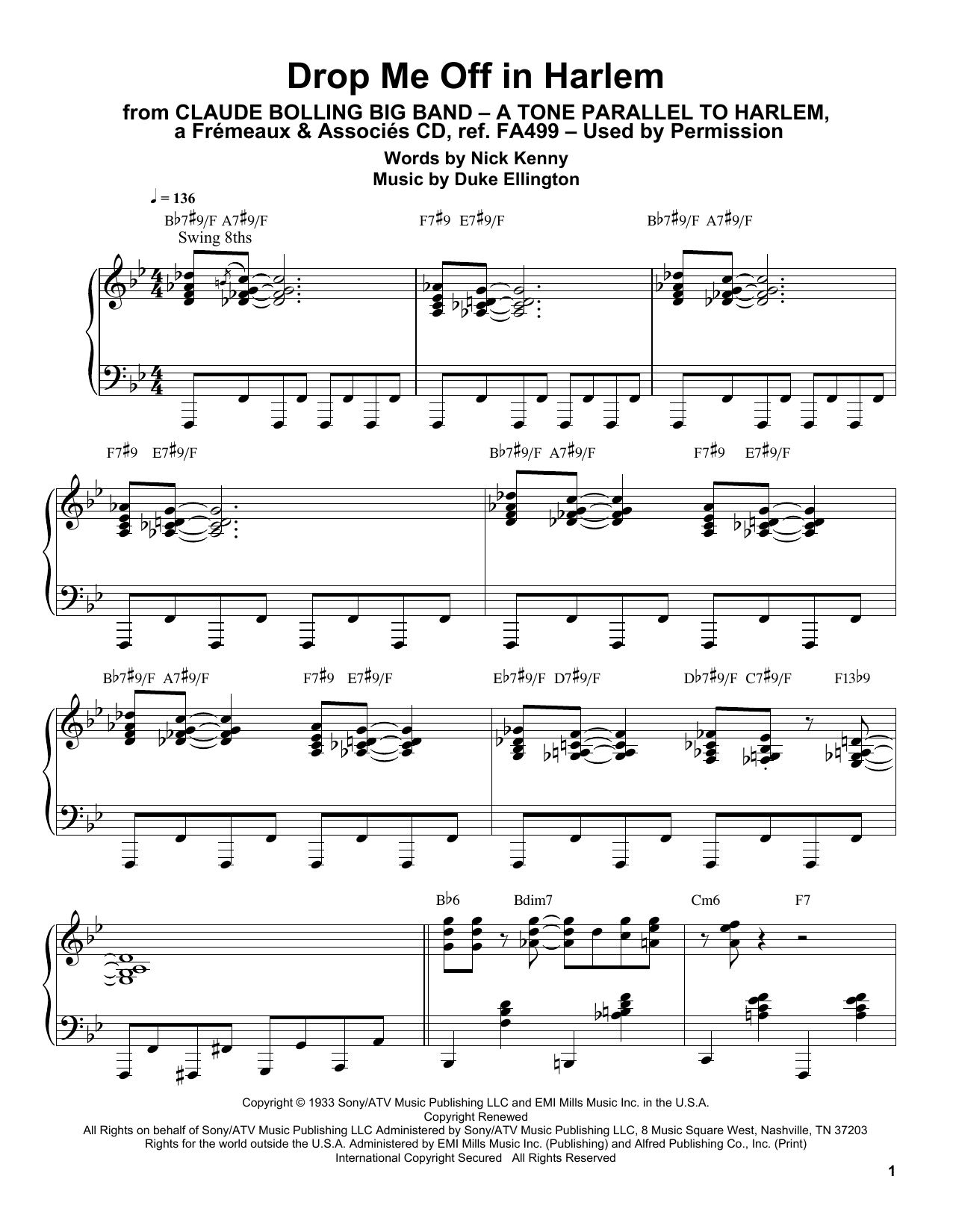 Claude Bolling Drop Me Off In Harlem Sheet Music Notes & Chords for Piano Transcription - Download or Print PDF