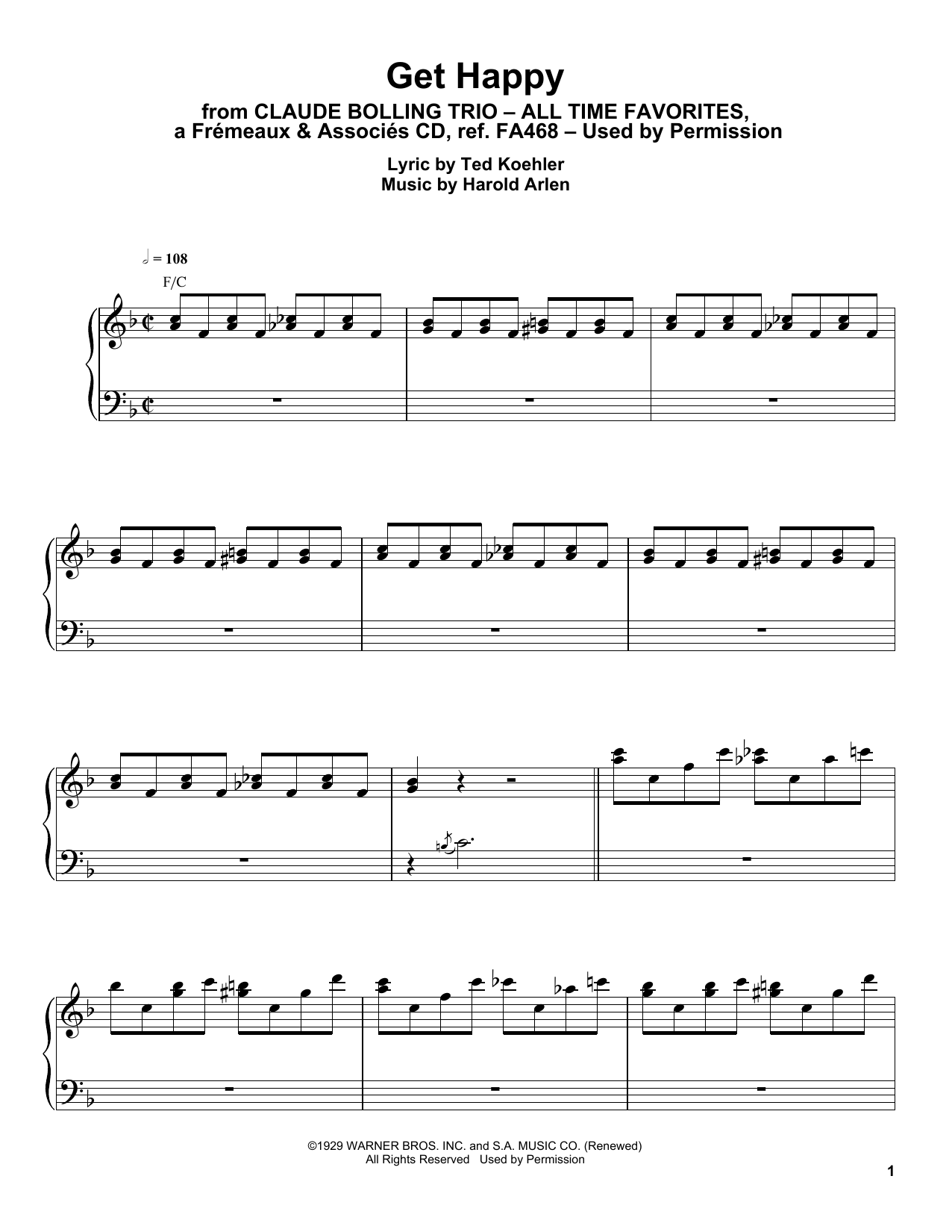 Claude Bolling Get Happy Sheet Music Notes & Chords for Piano Transcription - Download or Print PDF