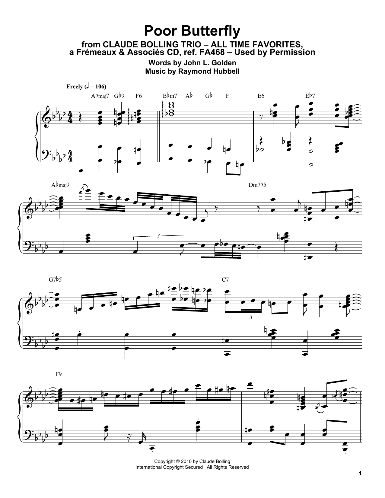 Claude Bolling Poor Butterfly Sheet Music Notes & Chords for Piano Transcription - Download or Print PDF