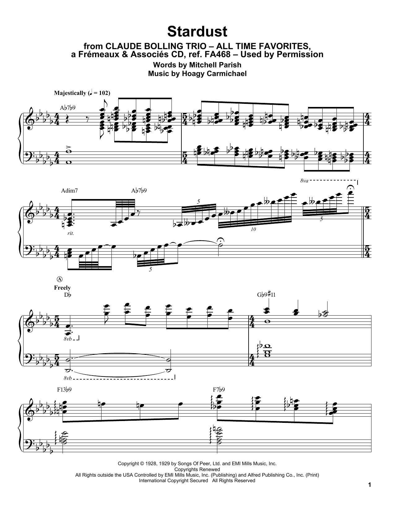 Claude Bolling Stardust Sheet Music Notes & Chords for Piano Transcription - Download or Print PDF