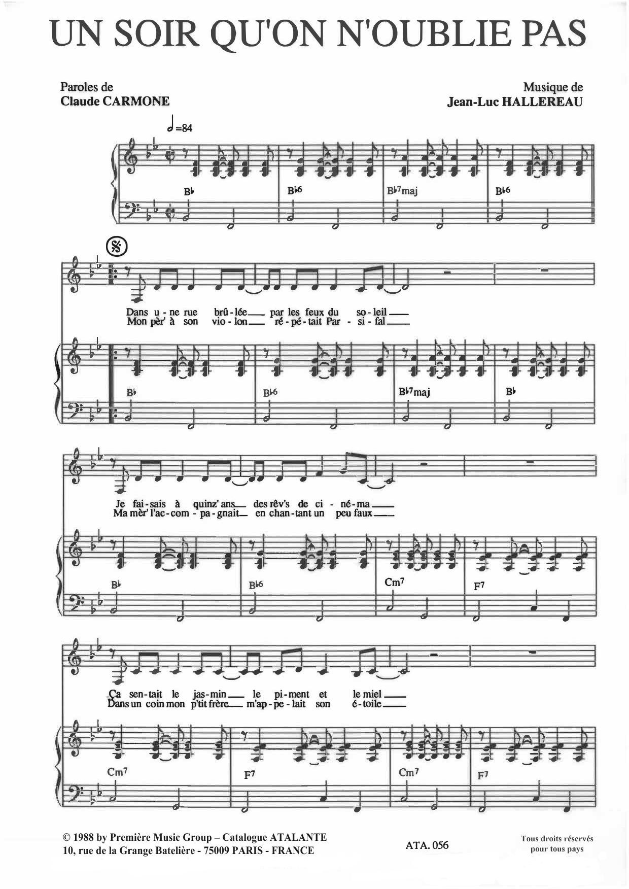 Claude Carmone & Jean-Luc Hallereau Un soir qu'on n'oublie pas Sheet Music Notes & Chords for Piano & Vocal - Download or Print PDF