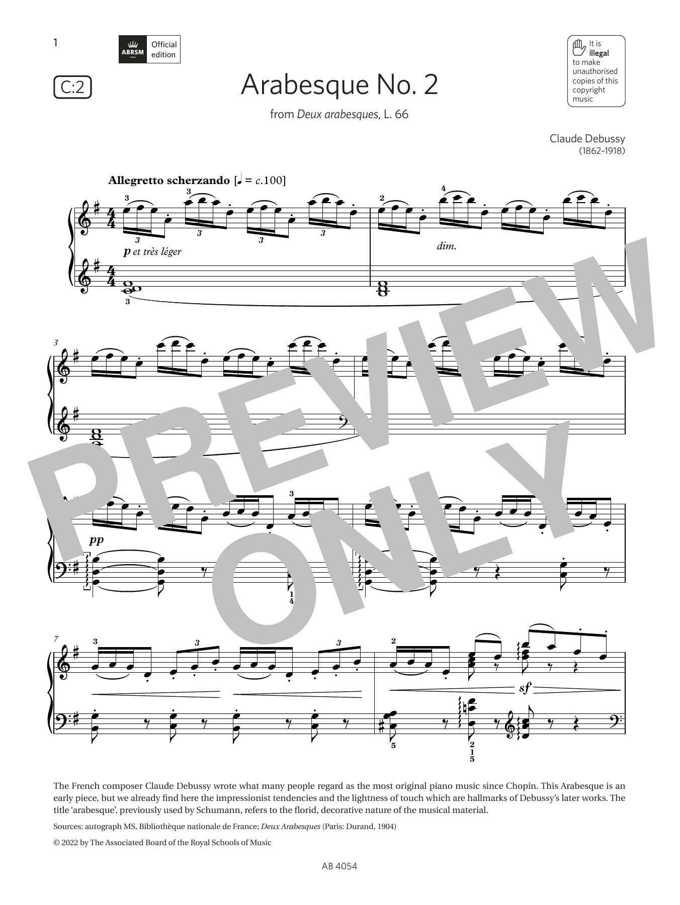 Claude Debussy Arabesque No. 2 (Grade 8, list C2, from the ABRSM Piano Syllabus 2023 & 2024) Sheet Music Notes & Chords for Piano Solo - Download or Print PDF