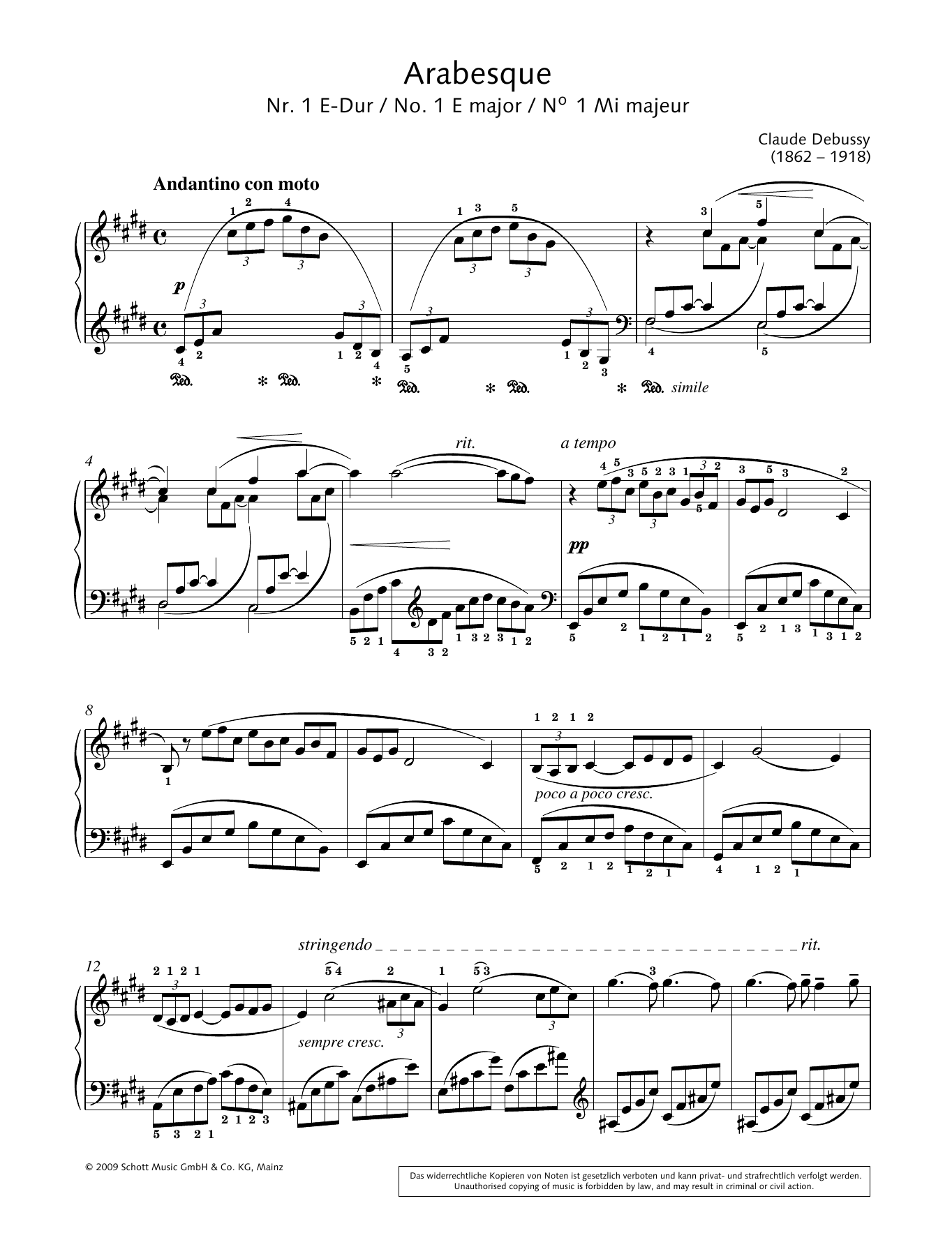 Claude Debussy Arabesque No.1 in E major Sheet Music Notes & Chords for Piano Solo - Download or Print PDF
