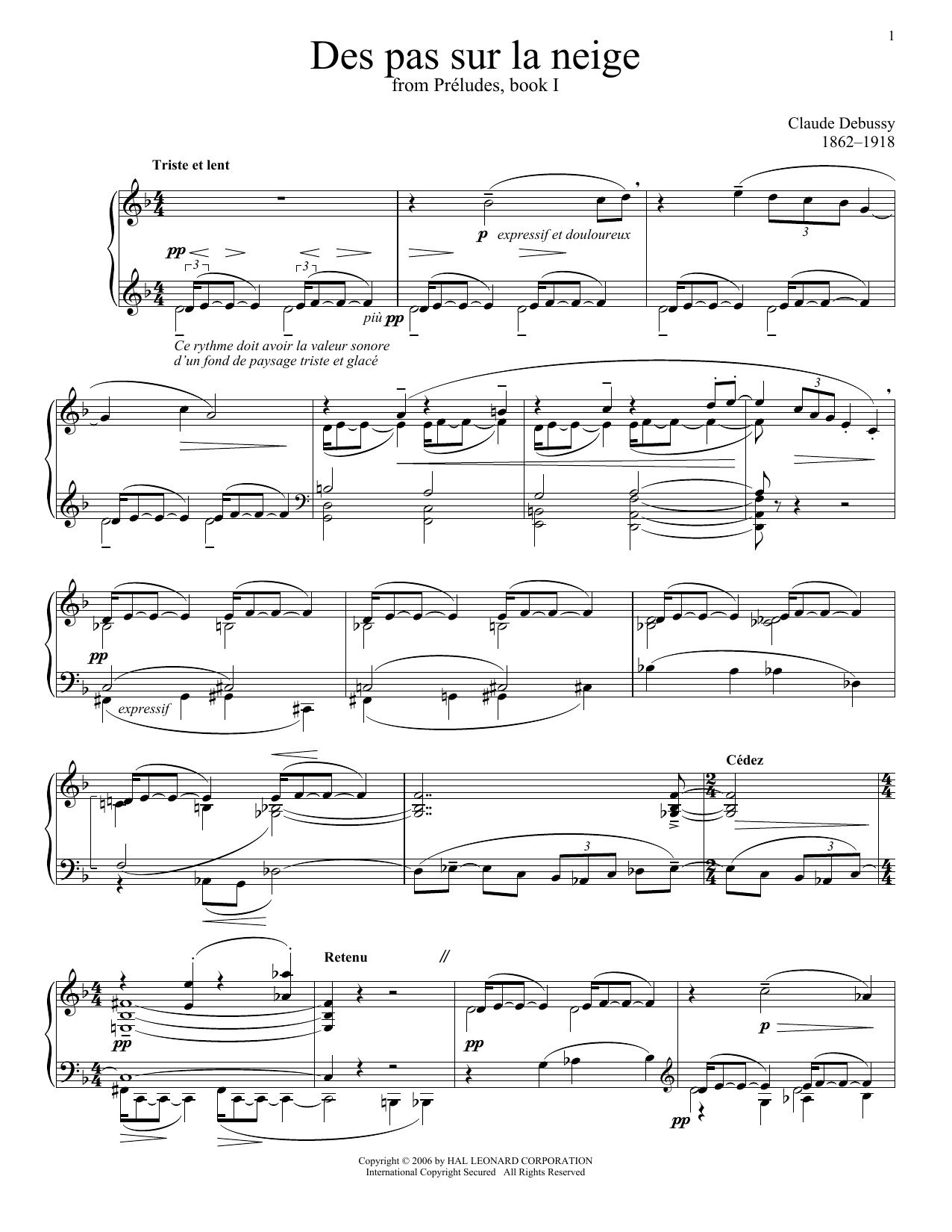 Claude Debussy Des Pas Sur La Neige (Footprints In The Snow) Sheet Music Notes & Chords for Piano - Download or Print PDF