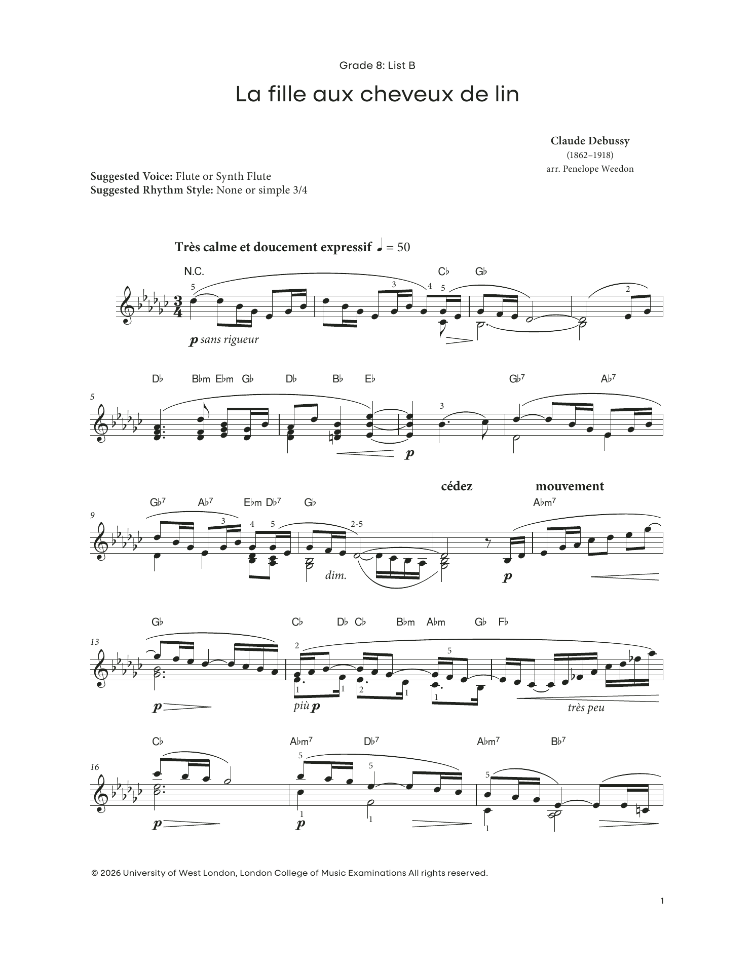 Claude Debussy La Fille aux Chevaux de Lin (LCME Electronic Keyboard Grade 8 List B) Sheet Music Notes & Chords for Piano Solo - Download or Print PDF