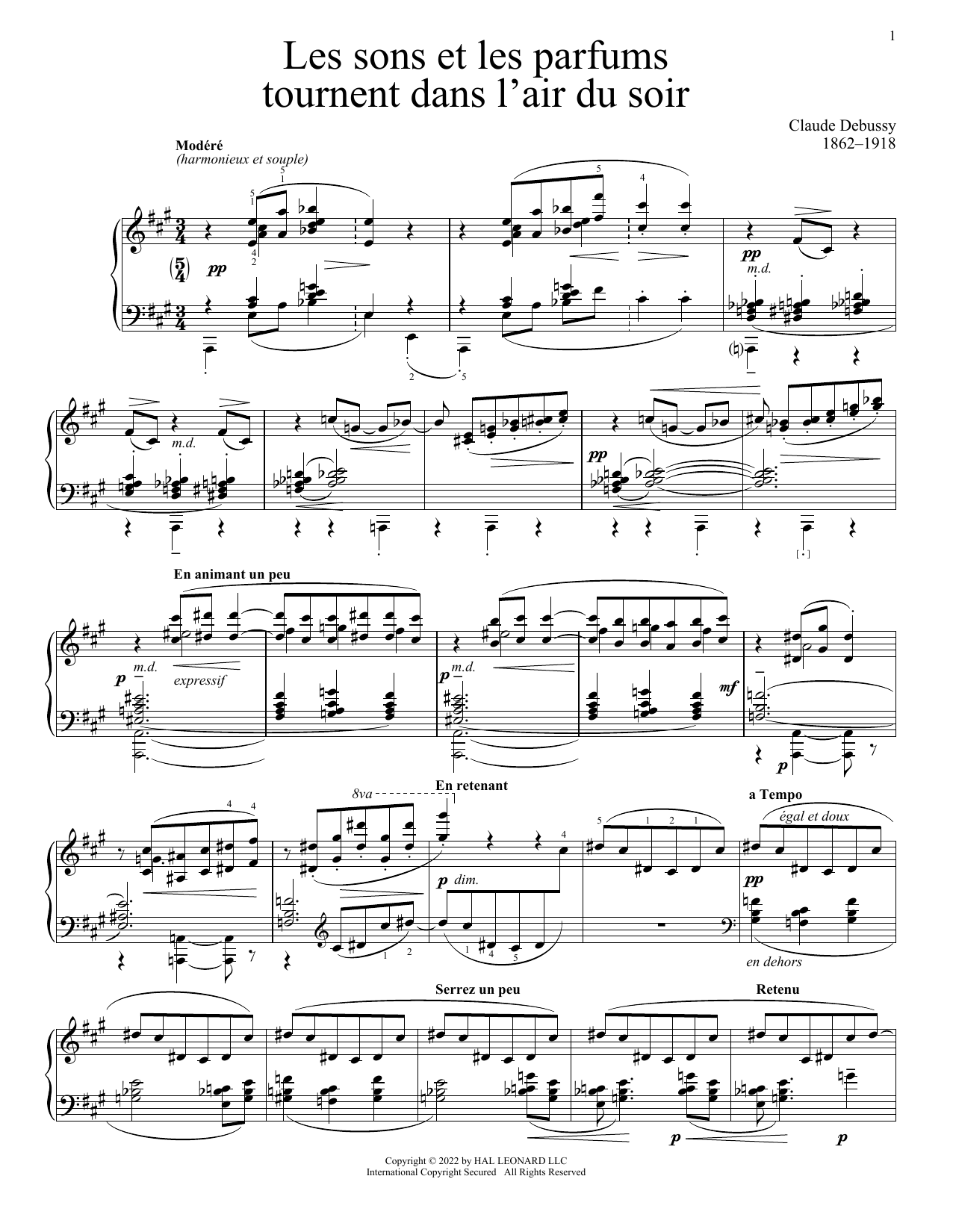 Claude Debussy Les Sons Et Les Parfums Tournent Dans L'Air Du Soir Sheet Music Notes & Chords for Piano Solo - Download or Print PDF