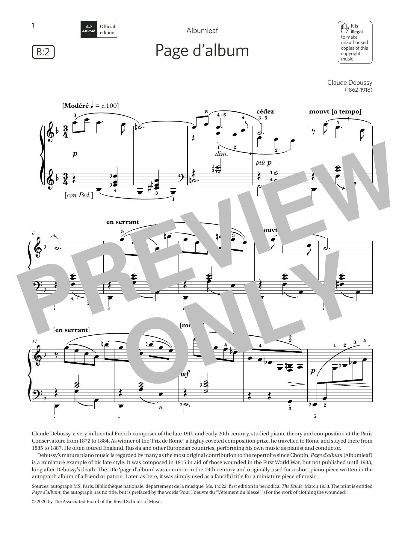 Claude Debussy Page d'album (Grade 6, list B2, from the ABRSM Piano Syllabus 2021 & 2022) Sheet Music Notes & Chords for Piano Solo - Download or Print PDF