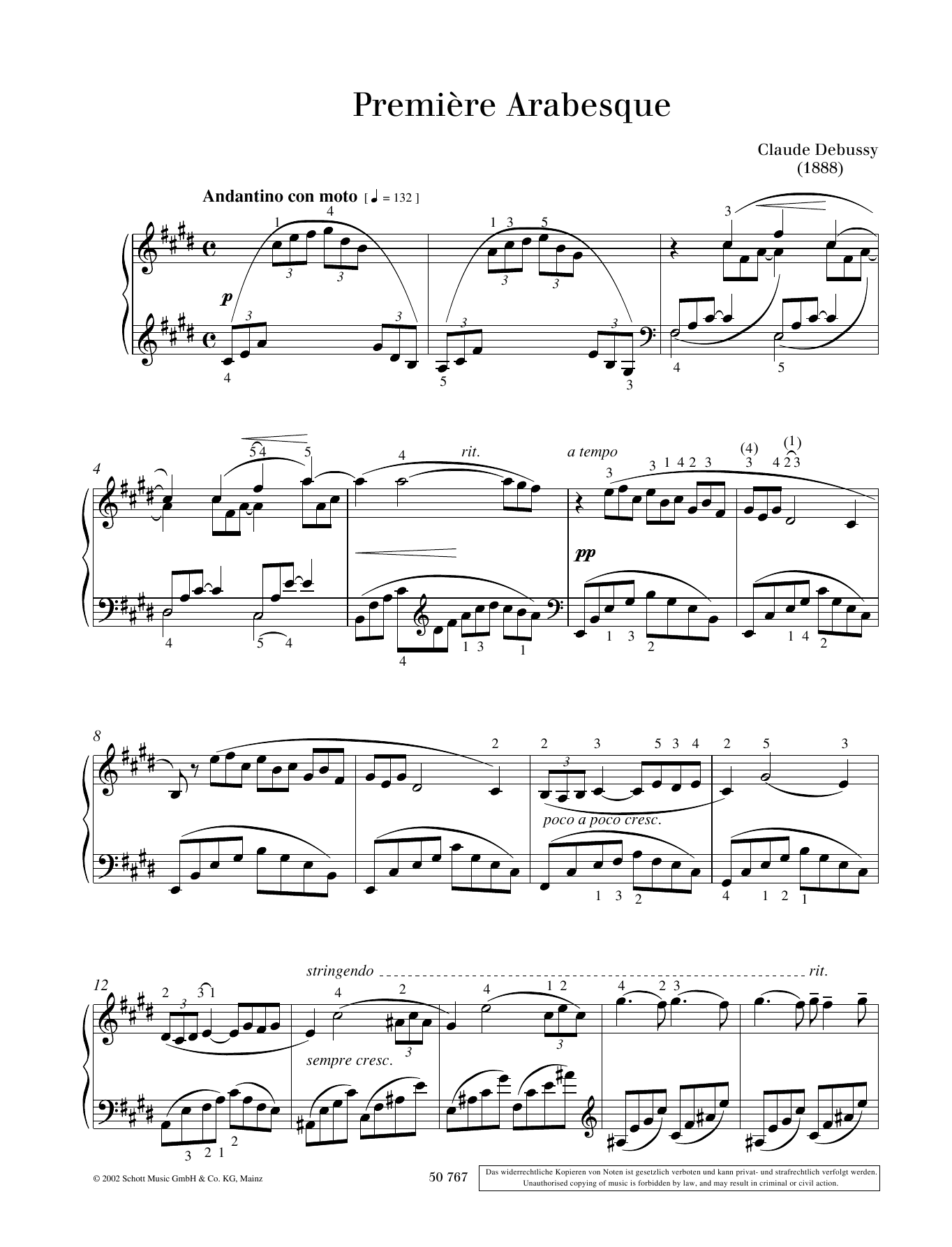 Claude Debussy Première Arabesques Sheet Music Notes & Chords for Piano Solo - Download or Print PDF