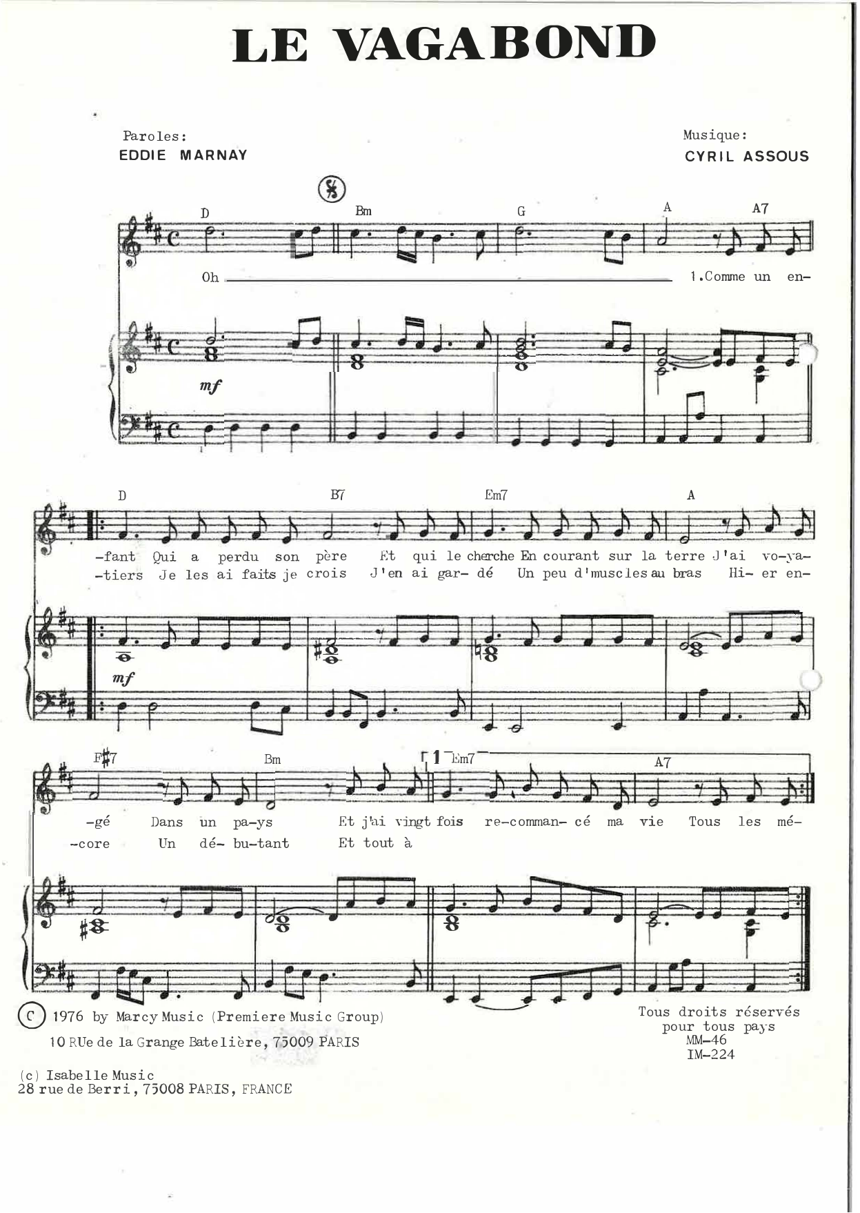 Claude Francois Le Vagabond Sheet Music Notes & Chords for Piano & Vocal - Download or Print PDF