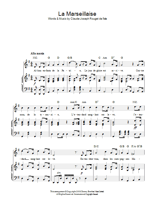 Claude-Joseph Rouget de l'Isle La Marseillaise (French National Anthem) Sheet Music Notes & Chords for Piano, Vocal & Guitar (Right-Hand Melody) - Download or Print PDF