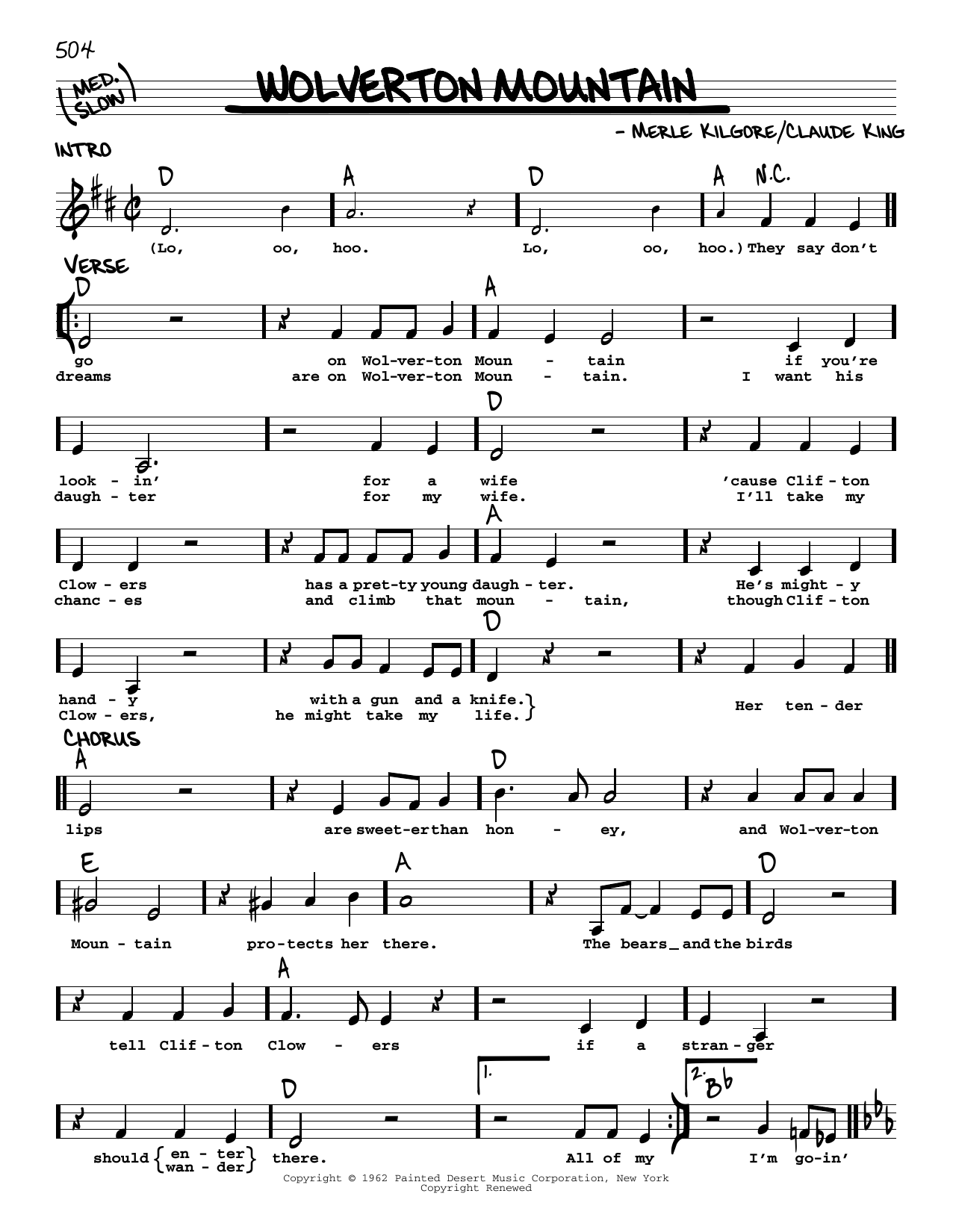Claude King Wolverton Mountain Sheet Music Notes & Chords for Real Book – Melody, Lyrics & Chords - Download or Print PDF