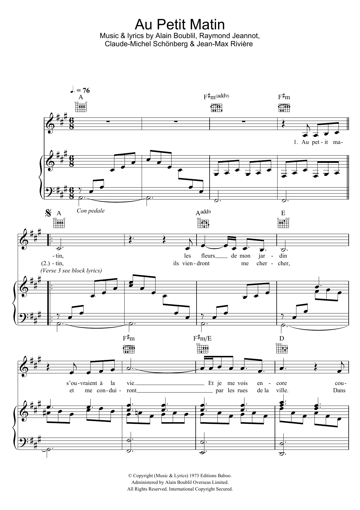 Claude-Michel Schonberg Au Petit Matin Sheet Music Notes & Chords for Piano, Vocal & Guitar - Download or Print PDF