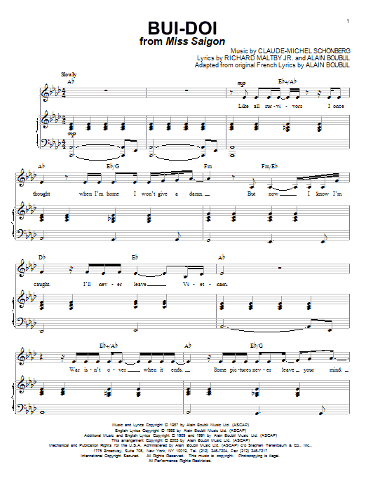 Claude-Michel Schonberg Bui-Doi Sheet Music Notes & Chords for Piano, Vocal & Guitar (Right-Hand Melody) - Download or Print PDF