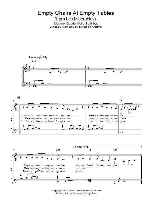 Claude-Michel Schonberg Empty Chairs At Empty Tables (from Les Miserables) Sheet Music Notes & Chords for Piano Chords/Lyrics - Download or Print PDF