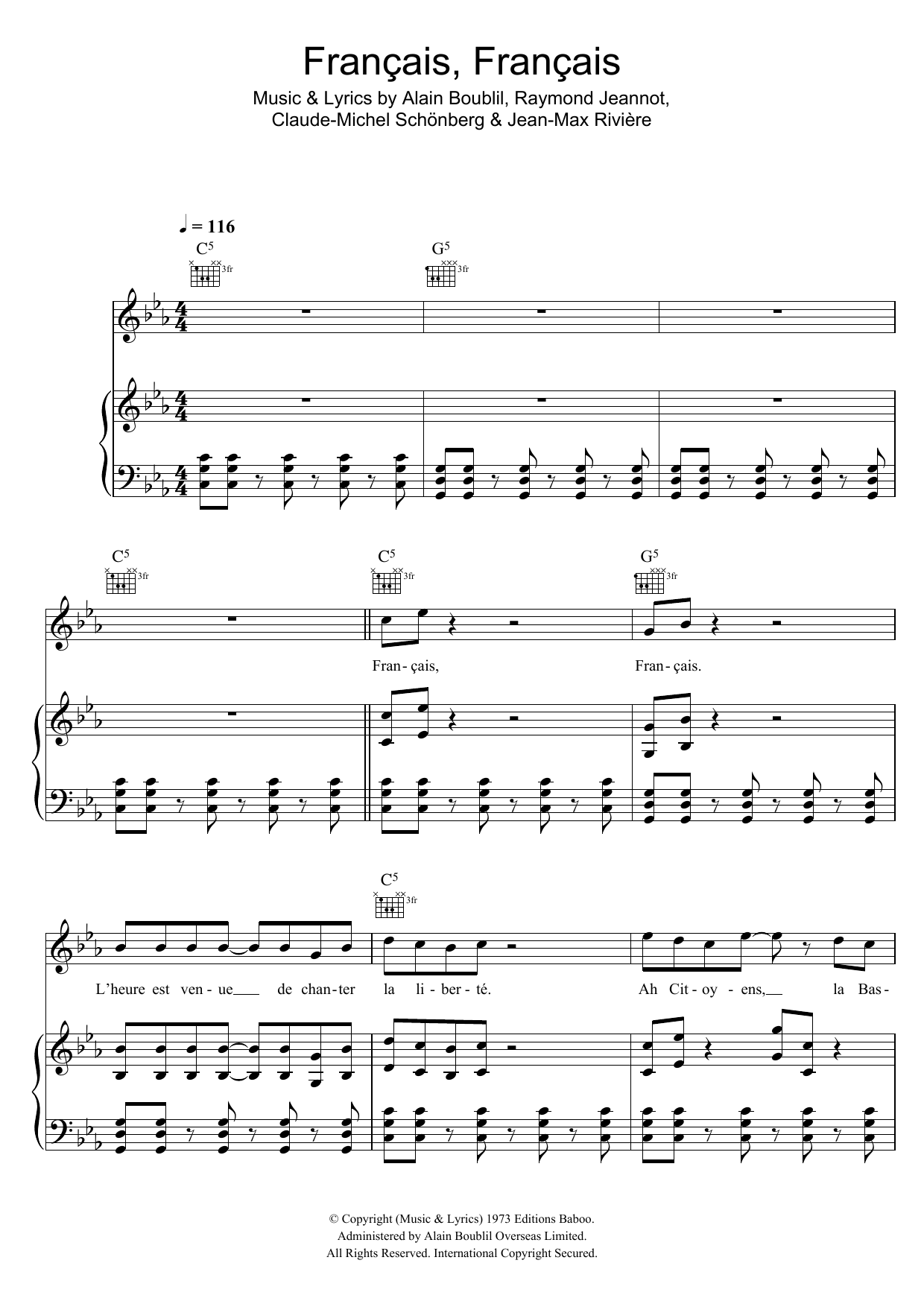 Claude-Michel Schonberg Francais, Francais Sheet Music Notes & Chords for Piano, Vocal & Guitar (Right-Hand Melody) - Download or Print PDF