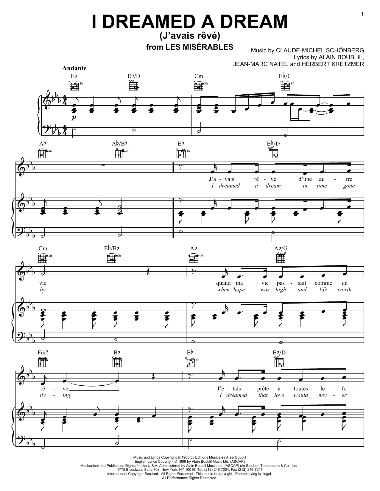 Claude-Michel Schonberg I Dreamed A Dream (J'avais Reve) Sheet Music Notes & Chords for Piano, Vocal & Guitar (Right-Hand Melody) - Download or Print PDF