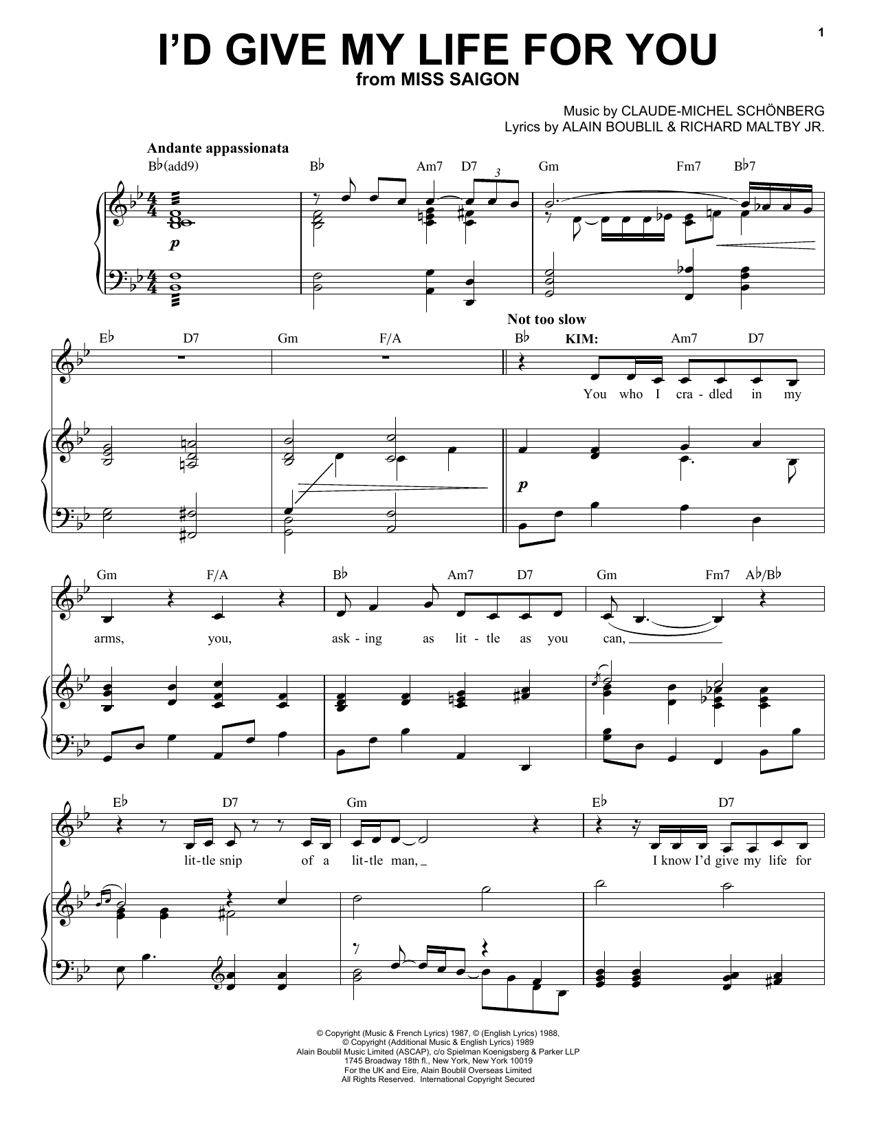 Claude-Michel Schönberg I'd Give My Life For You Sheet Music Notes & Chords for Piano & Vocal - Download or Print PDF