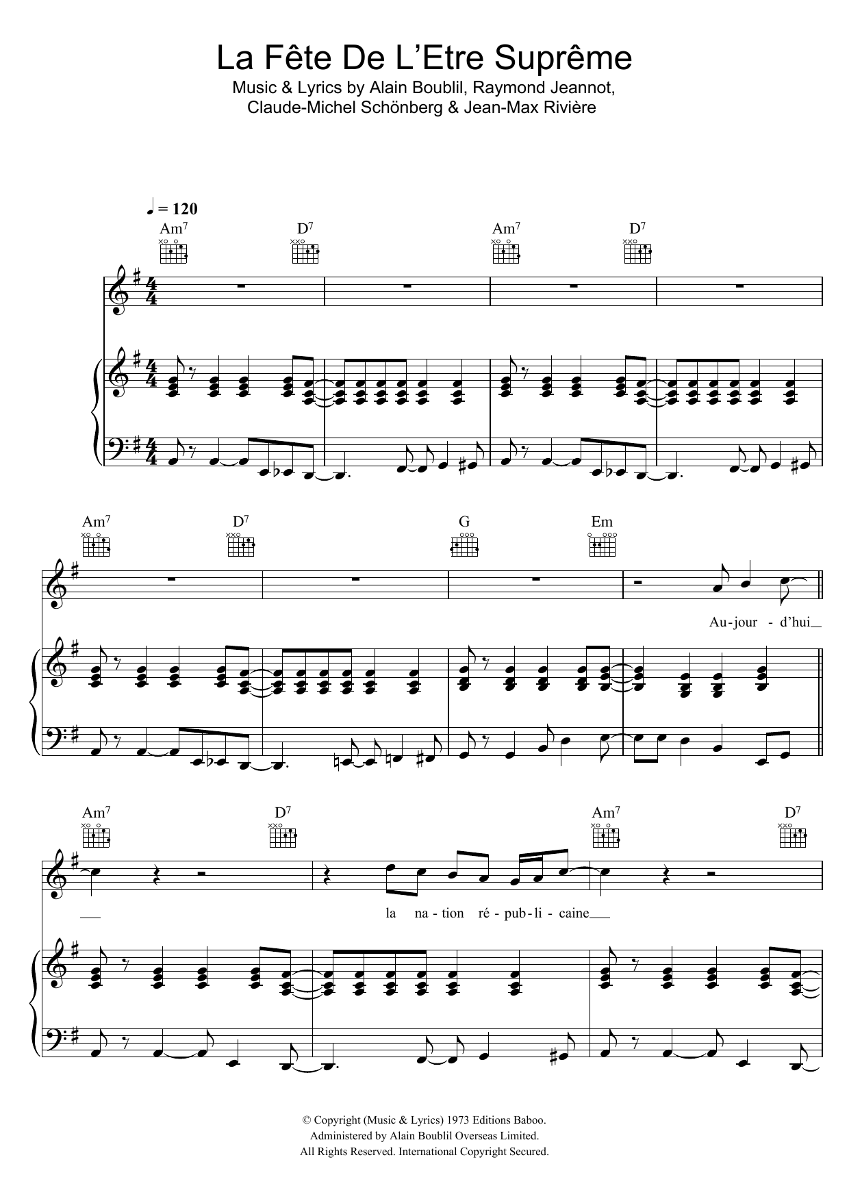 Claude-Michel Schonberg La Fete De L'Etre Supreme Sheet Music Notes & Chords for Piano, Vocal & Guitar - Download or Print PDF