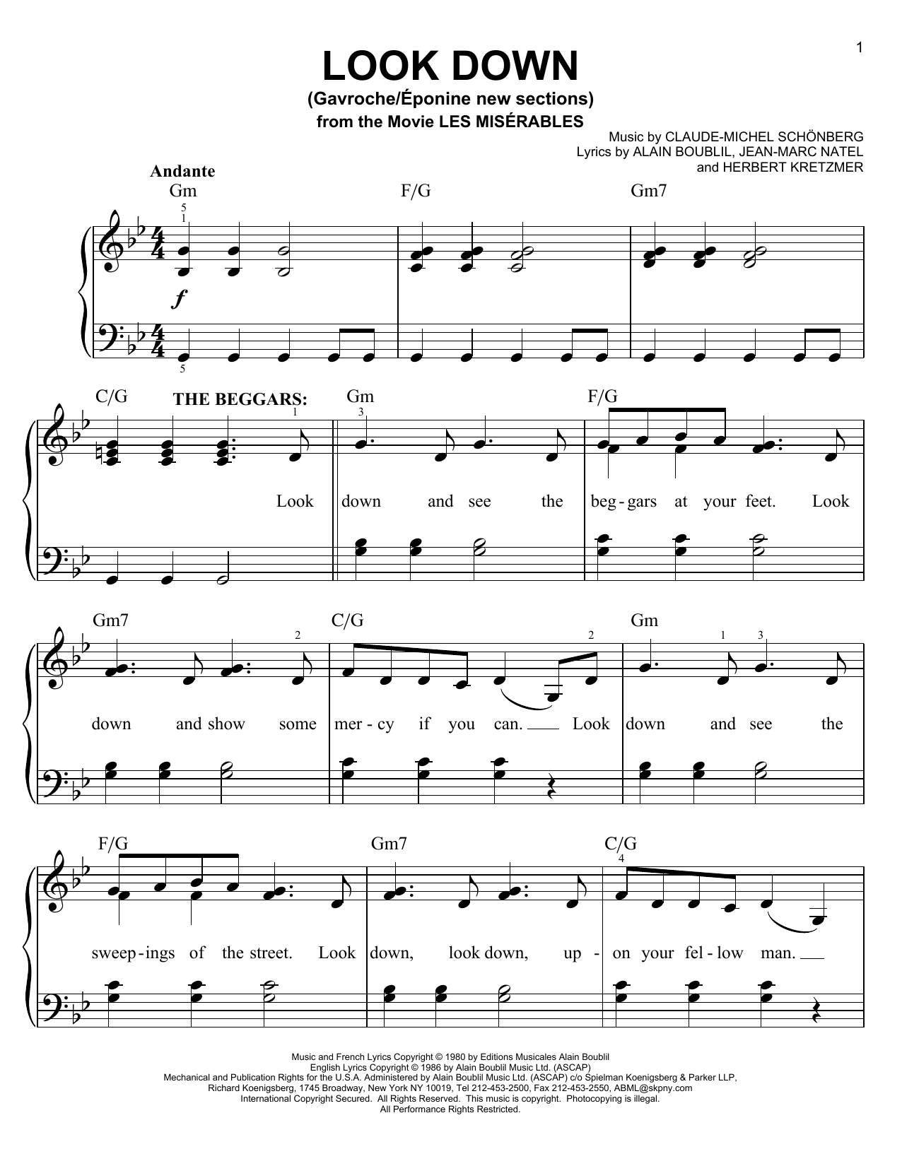 Claude-Michel Schonberg Look Down (Gavroche) Sheet Music Notes & Chords for Piano, Vocal & Guitar (Right-Hand Melody) - Download or Print PDF