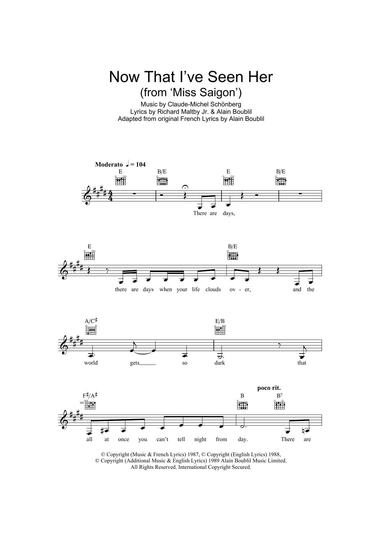 Boublil and Schonberg Now That I've Seen Her (from Miss Saigon) Sheet Music Notes & Chords for Melody Line, Lyrics & Chords - Download or Print PDF