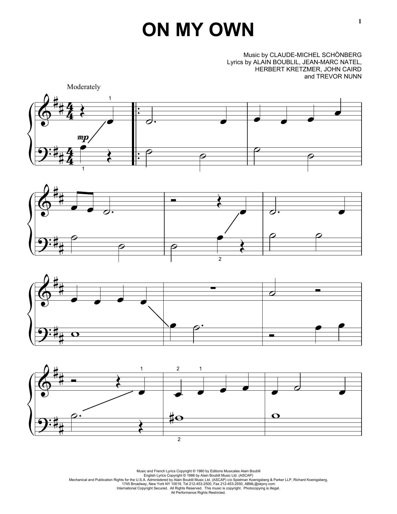 Claude-Michel Schonberg On My Own (from Les Miserables) Sheet Music Notes & Chords for Piano, Vocal & Guitar (Right-Hand Melody) - Download or Print PDF