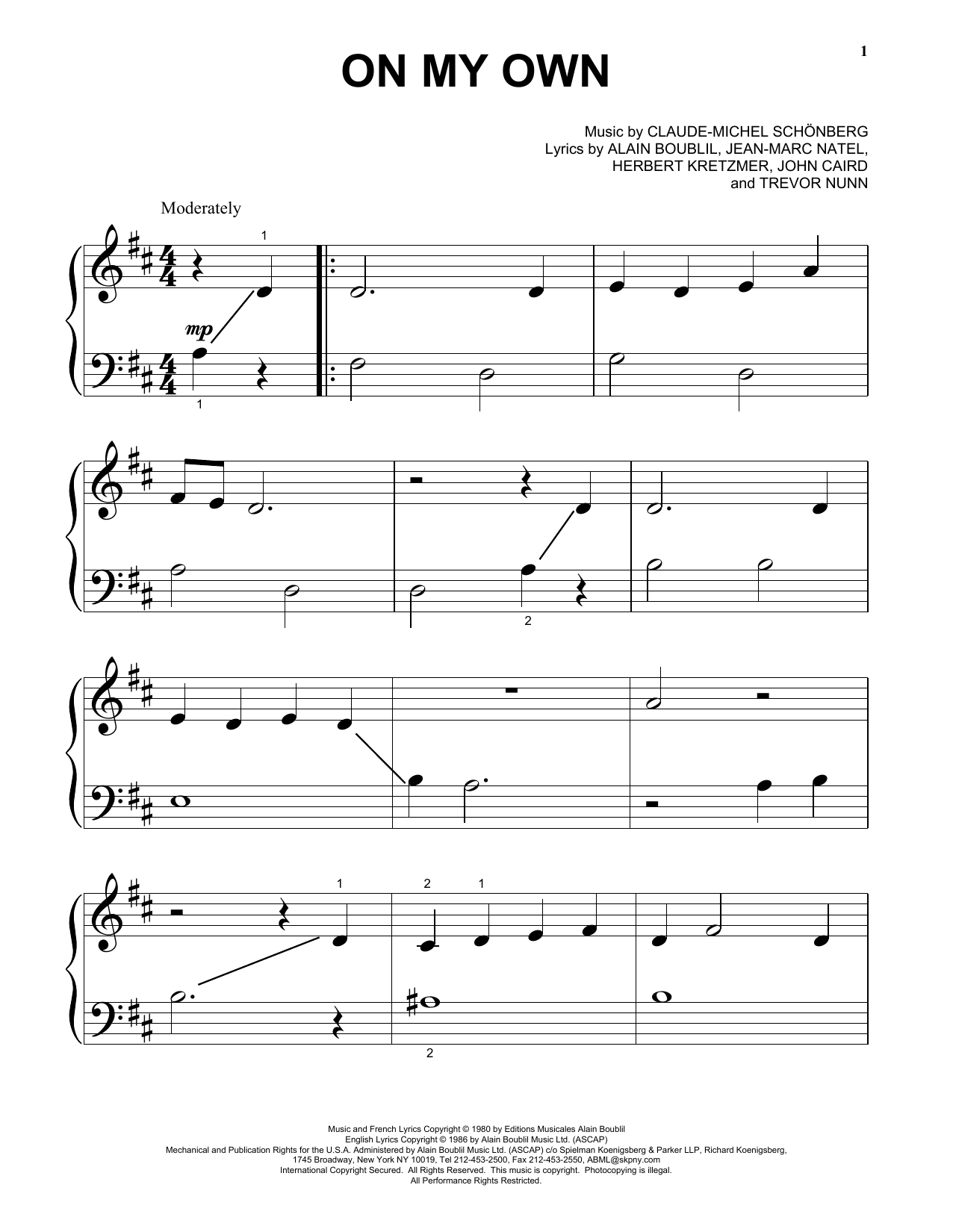 Claude-Michel Schönberg On My Own (from Les Miserables) sheet music notes and chords. Download Printable PDF.