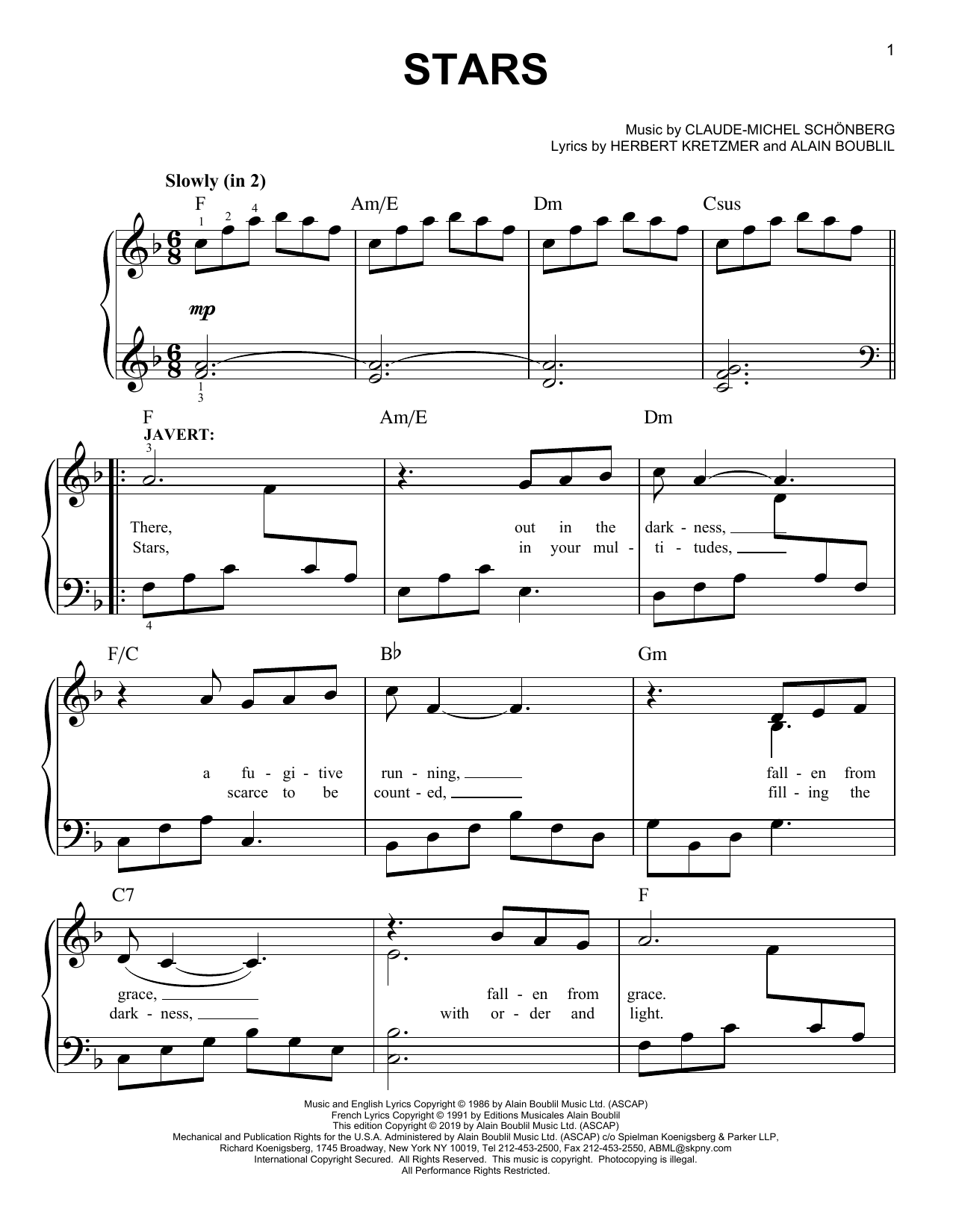 Claude-Michel Schonberg Stars Sheet Music Notes & Chords for Easy Piano - Download or Print PDF
