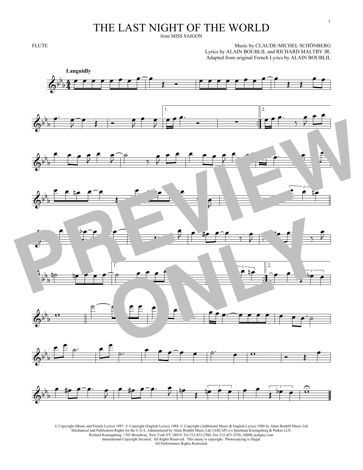 Claude-Michel Schonberg The Last Night Of The World Sheet Music Notes & Chords for Cello - Download or Print PDF