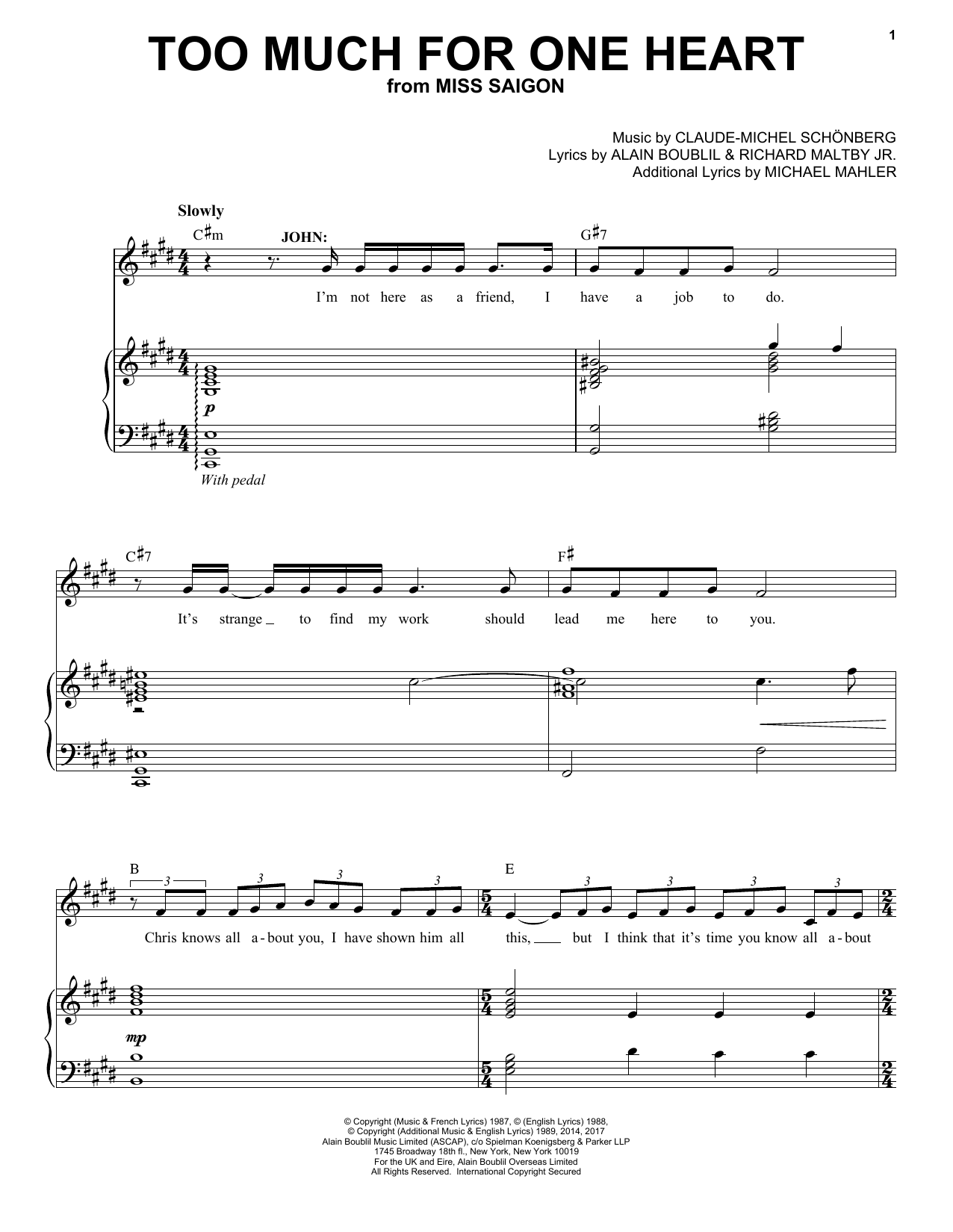 Claude-Michel Schönberg Too Much For One Heart Sheet Music Notes & Chords for Piano & Vocal - Download or Print PDF