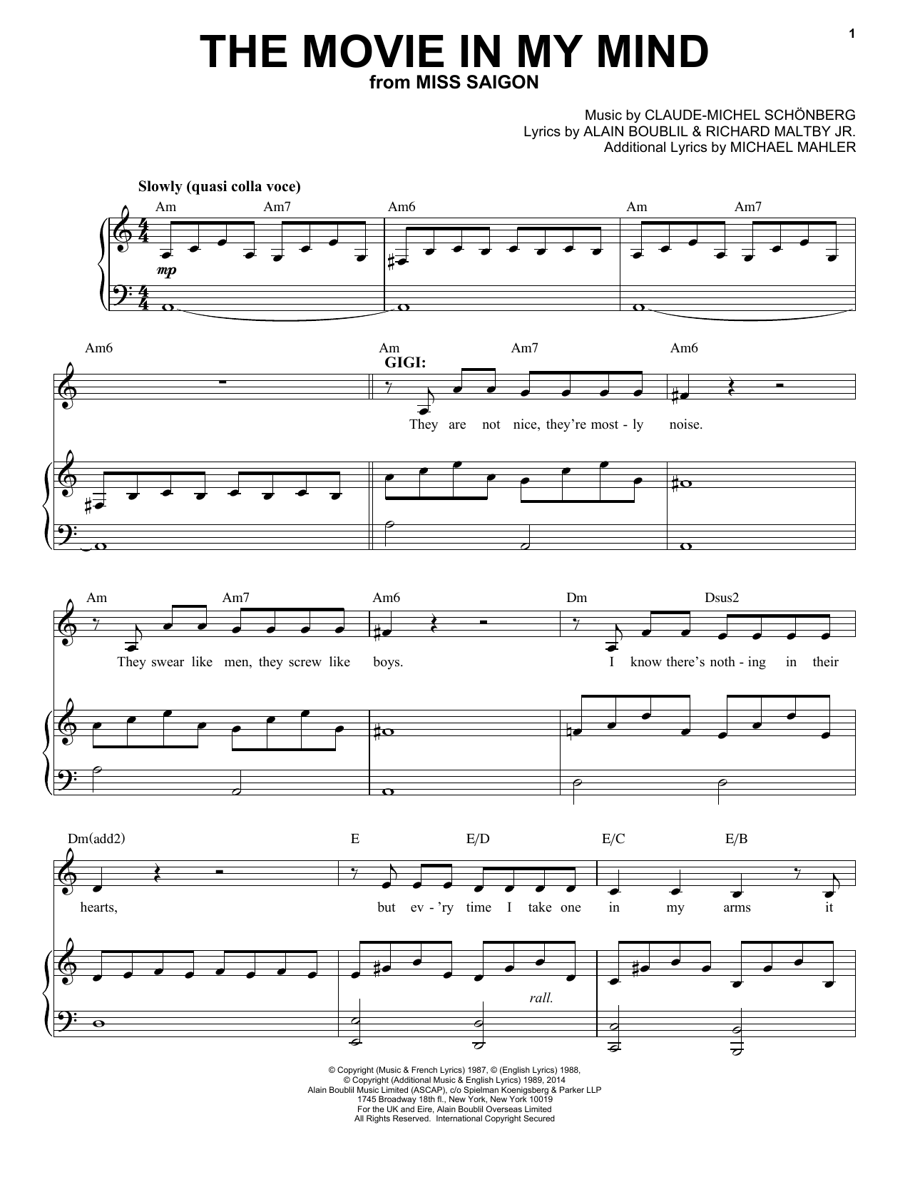 Preview Claude-Michel Schönberg The Movie In My Mind Broadway sheet music, notes and chords for Piano & Vocal, SKU: 188577 The Movie In My Mind sheet music