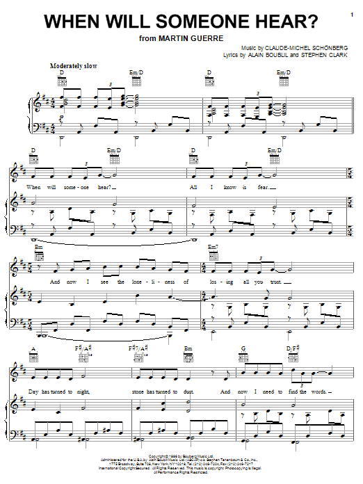 Preview Claude-Michel Schonberg When Will Someone Hear? Broadway sheet music, notes and chords for Piano, Vocal & Guitar, SKU: 50328 When Will Someone Hear? sheet music