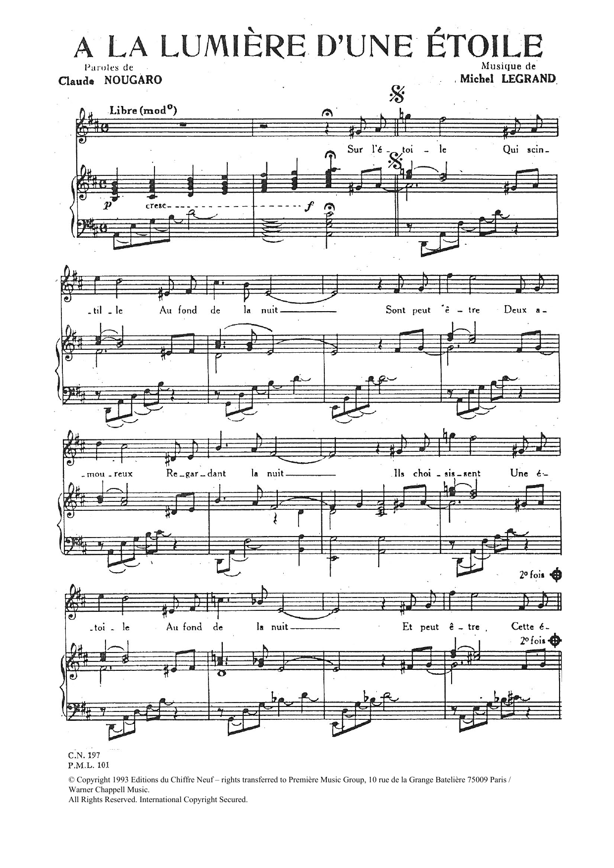 Claude Nougaro A La Lumiere D'une Etoile Sheet Music Notes & Chords for Piano & Vocal - Download or Print PDF