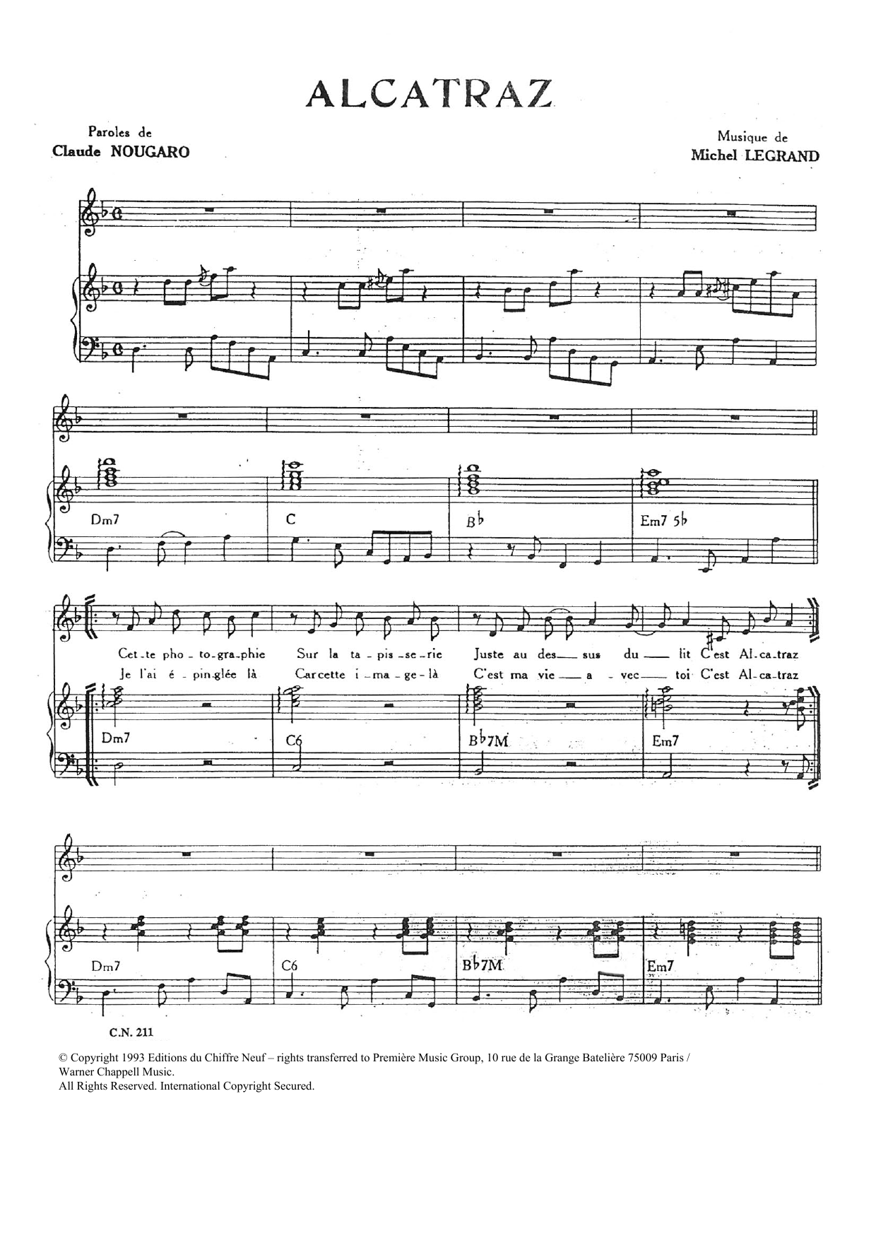 Claude Nougaro Alcatraz Sheet Music Notes & Chords for Piano & Vocal - Download or Print PDF