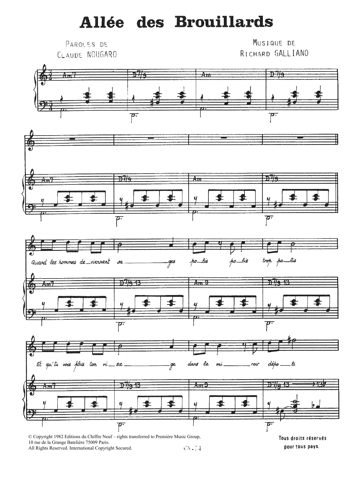 Claude Nougaro Allee Des Brouillards Sheet Music Notes & Chords for Piano & Vocal - Download or Print PDF