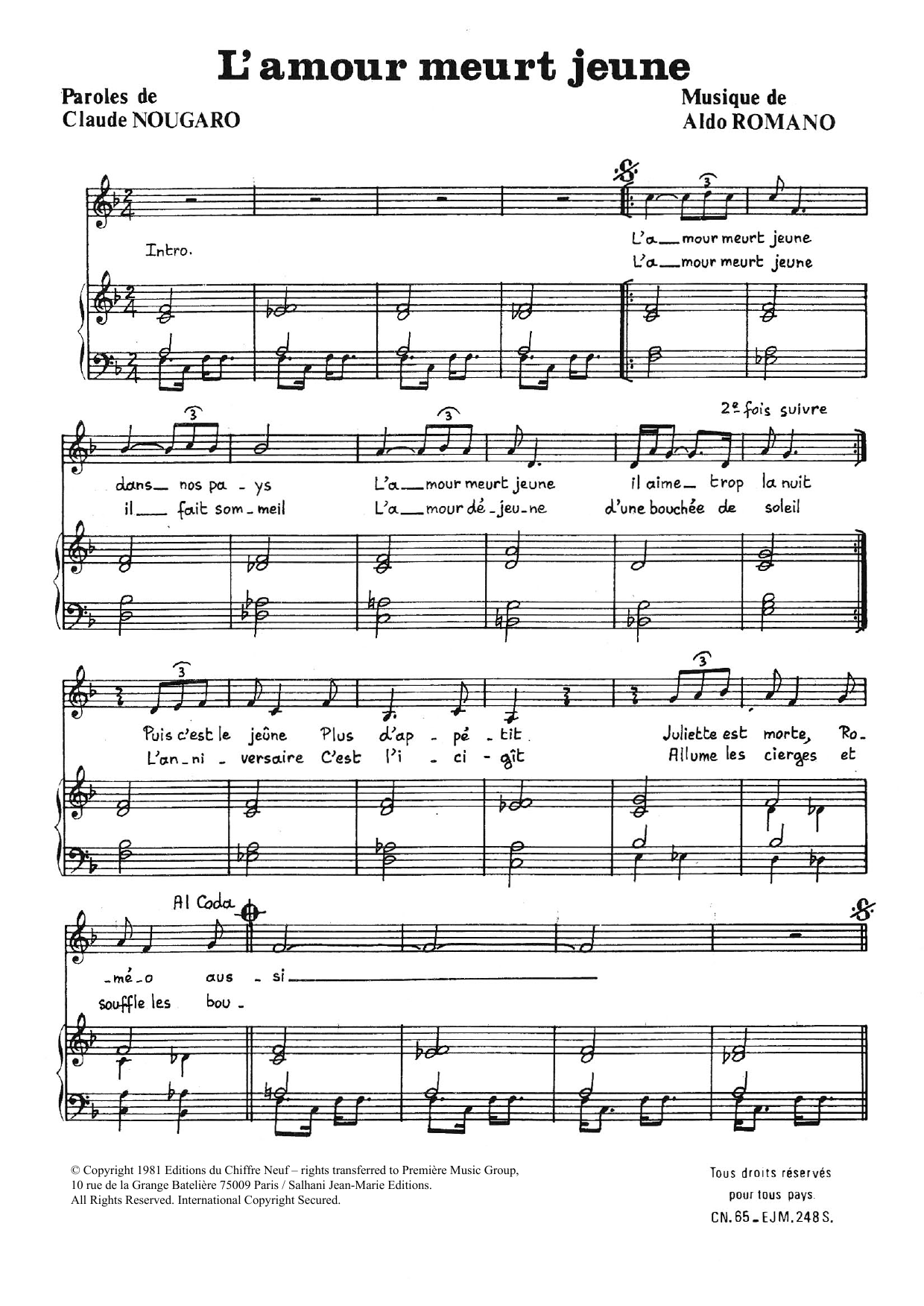 Claude Nougaro Amour Meurt Jeune Sheet Music Notes & Chords for Piano & Vocal - Download or Print PDF