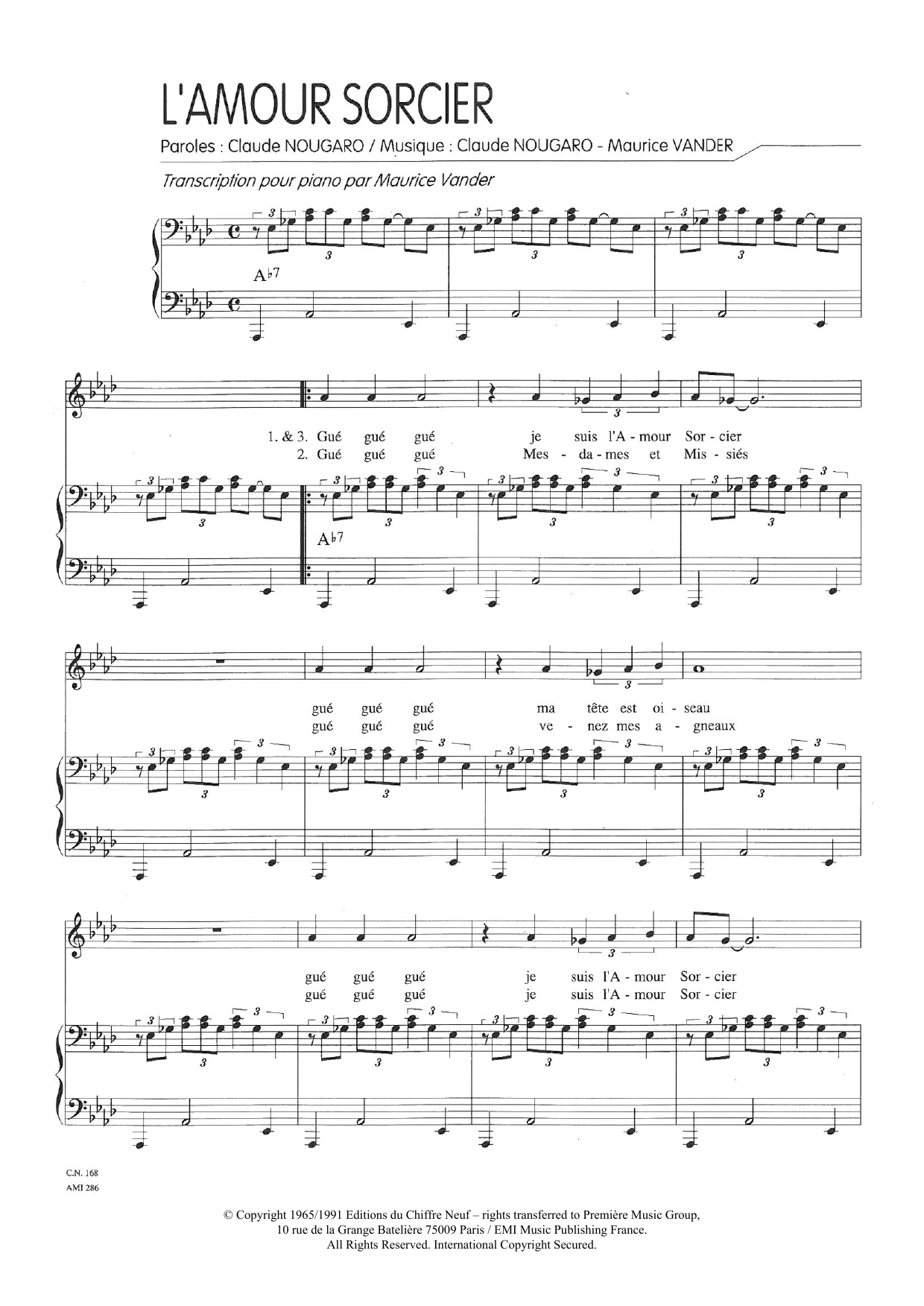 Claude Nougaro Amour Sorcier Sheet Music Notes & Chords for Piano & Vocal - Download or Print PDF