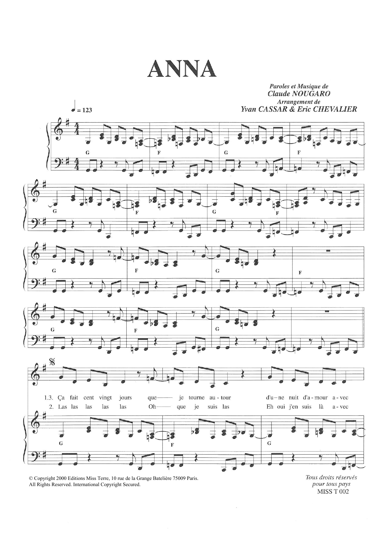 Claude Nougaro Anna Sheet Music Notes & Chords for Piano & Vocal - Download or Print PDF